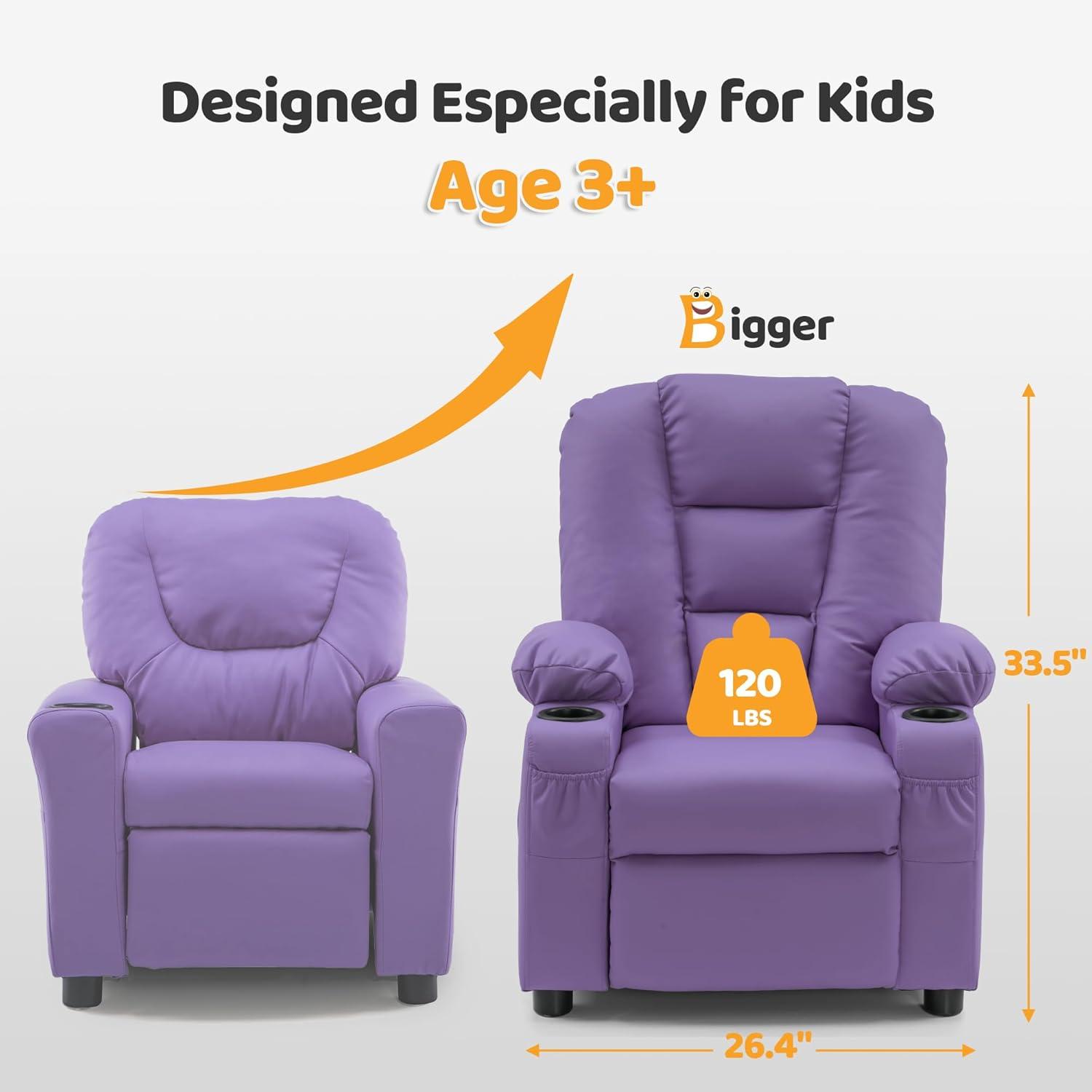 MCombo Big Kids Recliner Chair with Cup Holders for Toddler Boys and Girls, 2 Side Pockets, 3+ Age Group, Faux Leather 7322 Violet