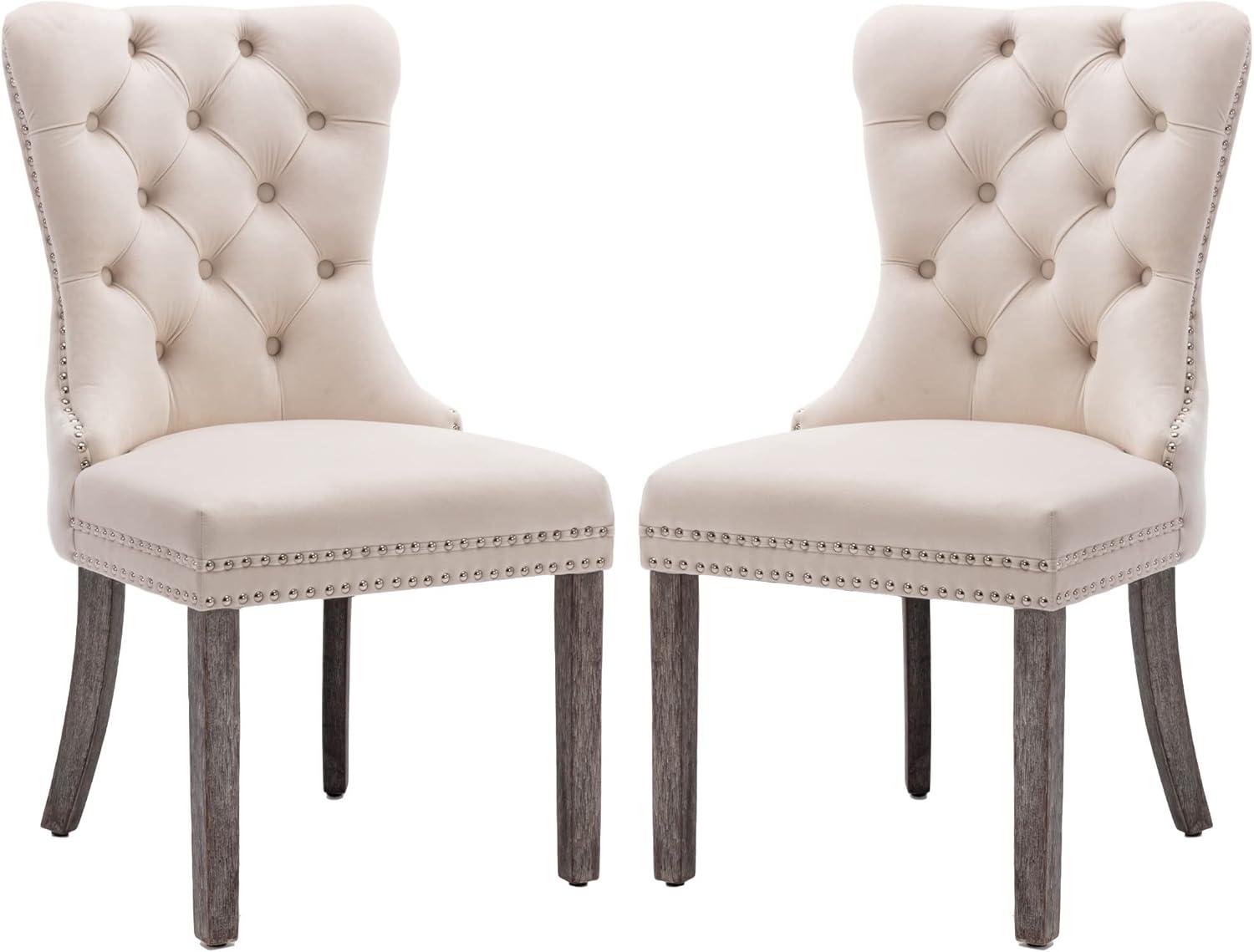 SoarFlash Velvet Dining Chairs Set of 4, Tall Back Side Chair, Modern Upholstered High-end Tufted Side Chair with Button Back Ring, Solid Wood Legs (Beige)