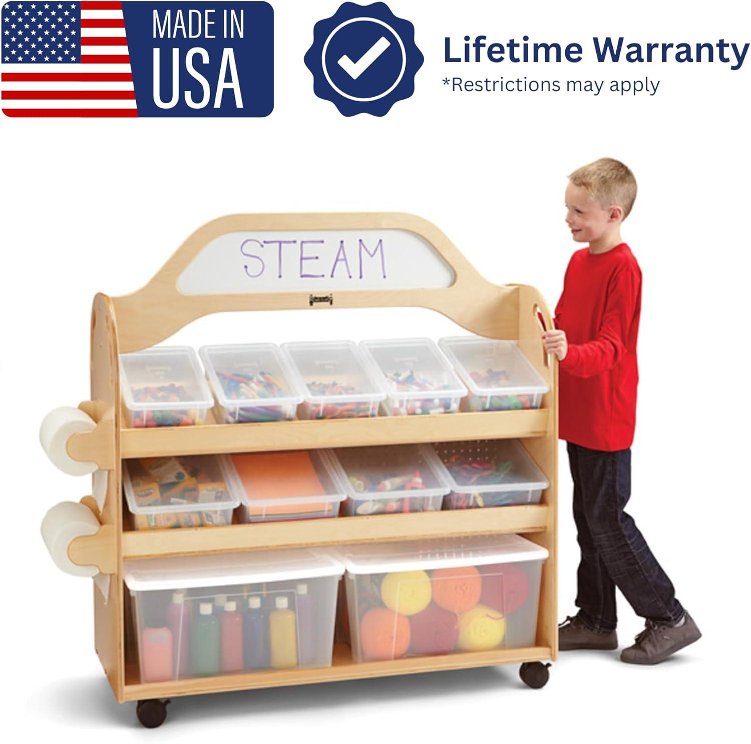 Natural Wood Acrylic Mobile Cart with Clear Storage Bins