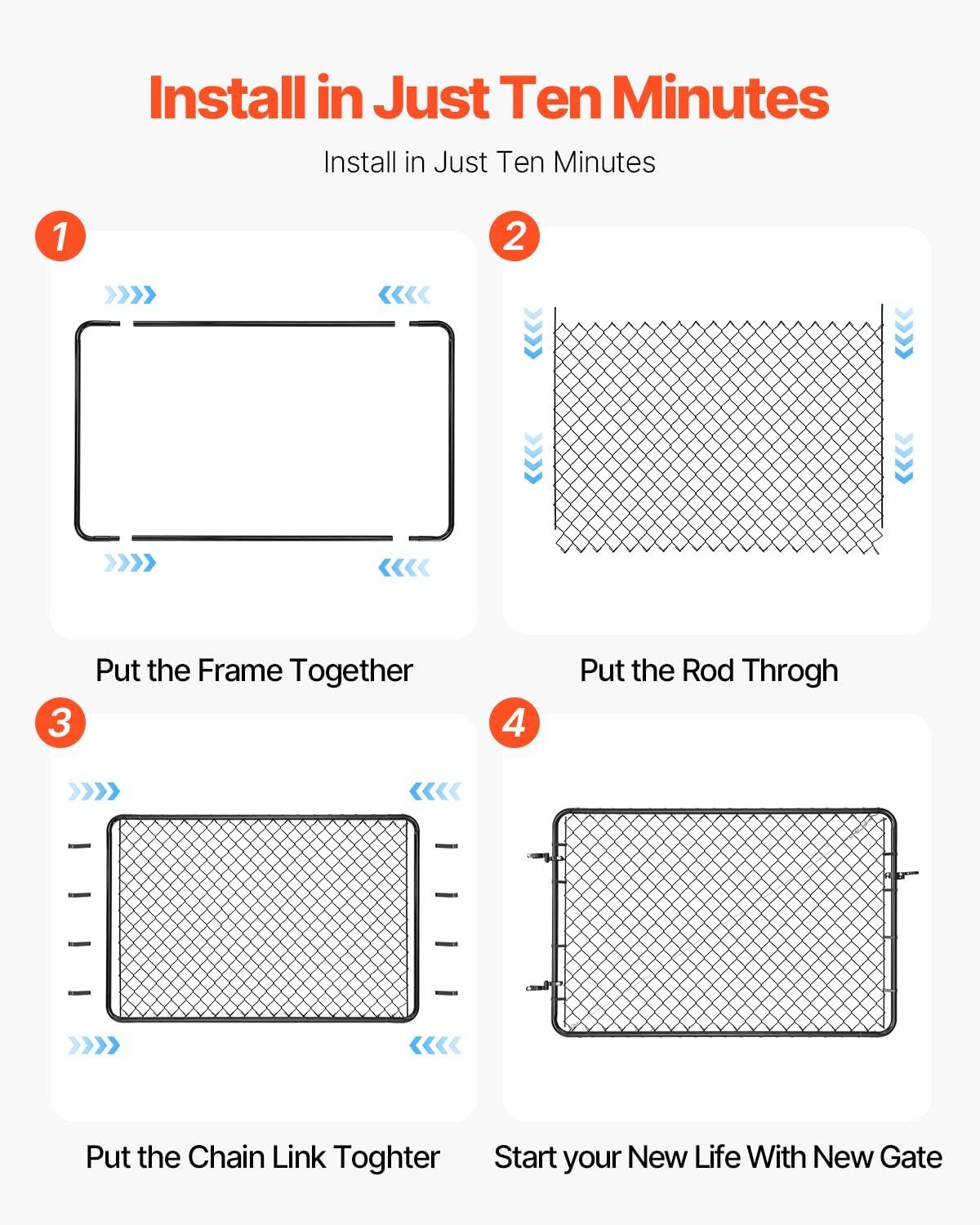 VEVOR Chain Link Fence Gate, 72 x 48 in, Adjustable Chain Link Fence Panel, Fit 2.2-6 ft (W) x 6 ft (H) Garden Fence Gate Opening, Fencing Gate with Plastic Coating, for Farm Black, Posts Not Included