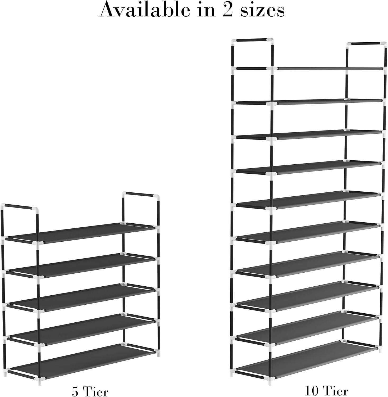 Black 10-Tier Metal and Fabric Shoe Rack