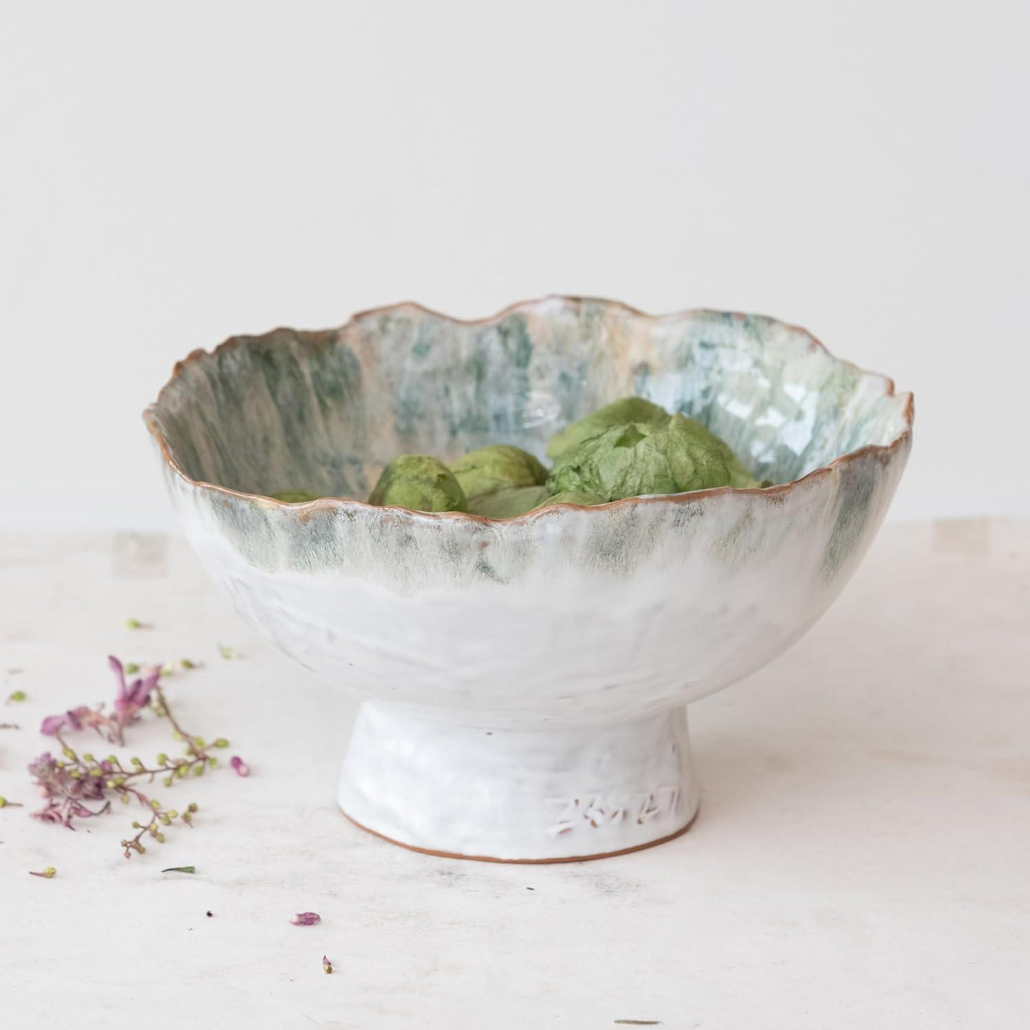 Green and Brown Speckled Stoneware Bowl with Stand