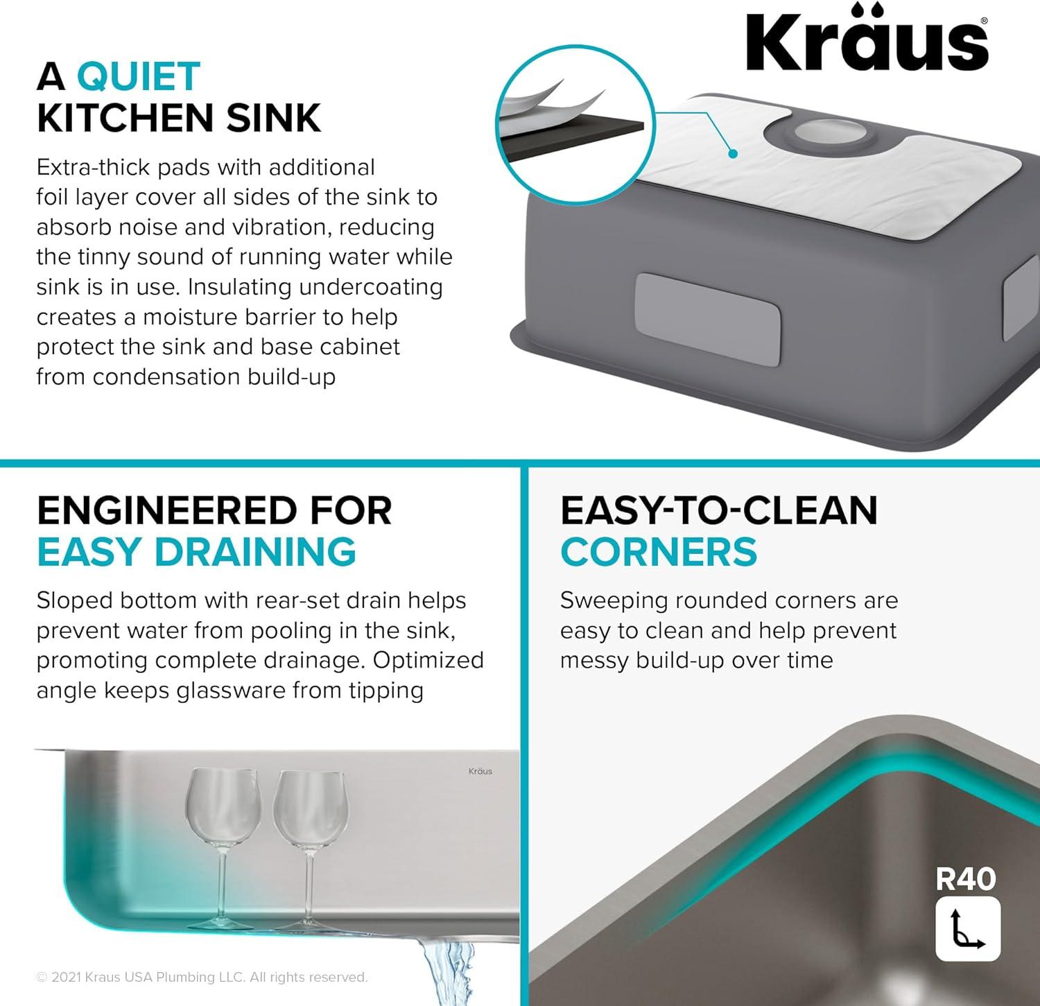 Dex™️ Series KRAUS 25" L Undermount 16 Gauge Stainless Steel Single Bowl Kitchen Sink