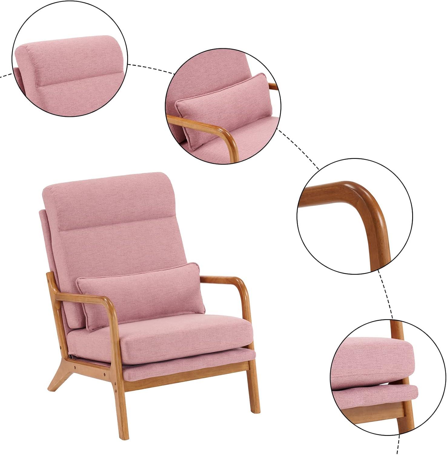 Ktaxon Mid Century Modern Accent Chair, Linen Fabric Armchair, Hight Back Single Sofa with Solid Wood Frame Pink