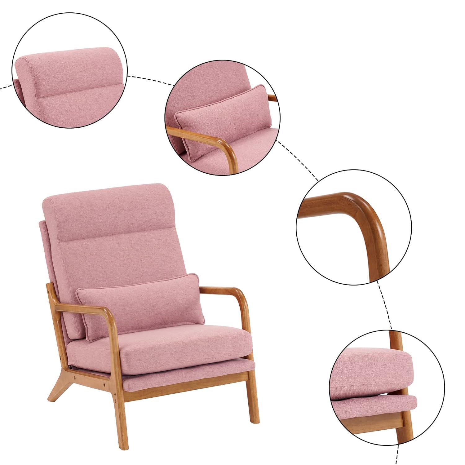 Accent Chair Mid-Century Modern Chair with High Back, Upholstered Lounge Arm Chair with Wood Frame and Soft Cushion for Living Room Bedroom Reading Balcony, Pink