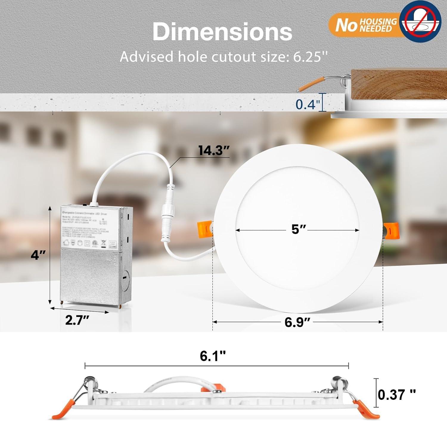 (12 Pack) 6 Inch Ultra-Thin LED Recessed Ceiling Light with Junction Box, 12W, Dimmable Canless Wafer Slim Panel Downlight, IC Rated, ETL-Listed - 4000K