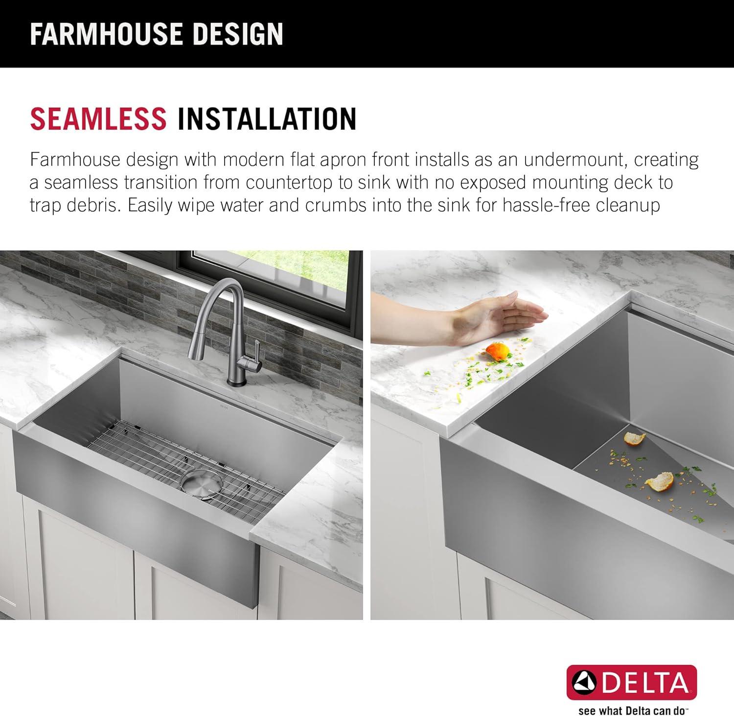 Delta Rivet™ 33" L Workstation Farmhouse Apron Front Kitchen Sink Undermount 16 Gauge Stainless Steel Single Bowl