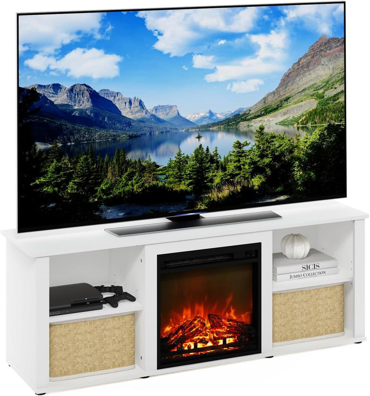 Furinno Montale 60 Inch TV Stand with Fireplace, Solid White