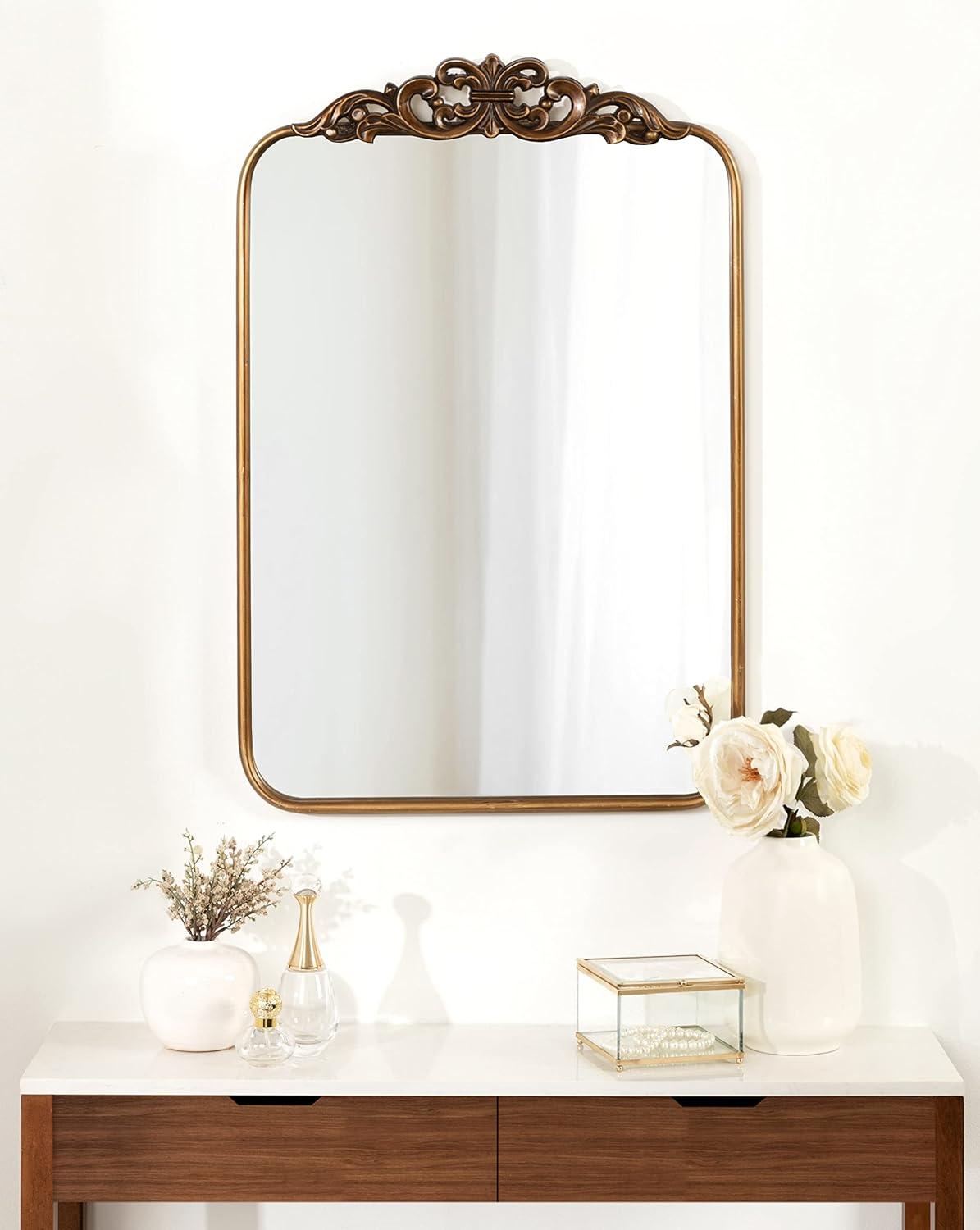 Gold Ornate Rectangular Wall Mirror with Crown Accent