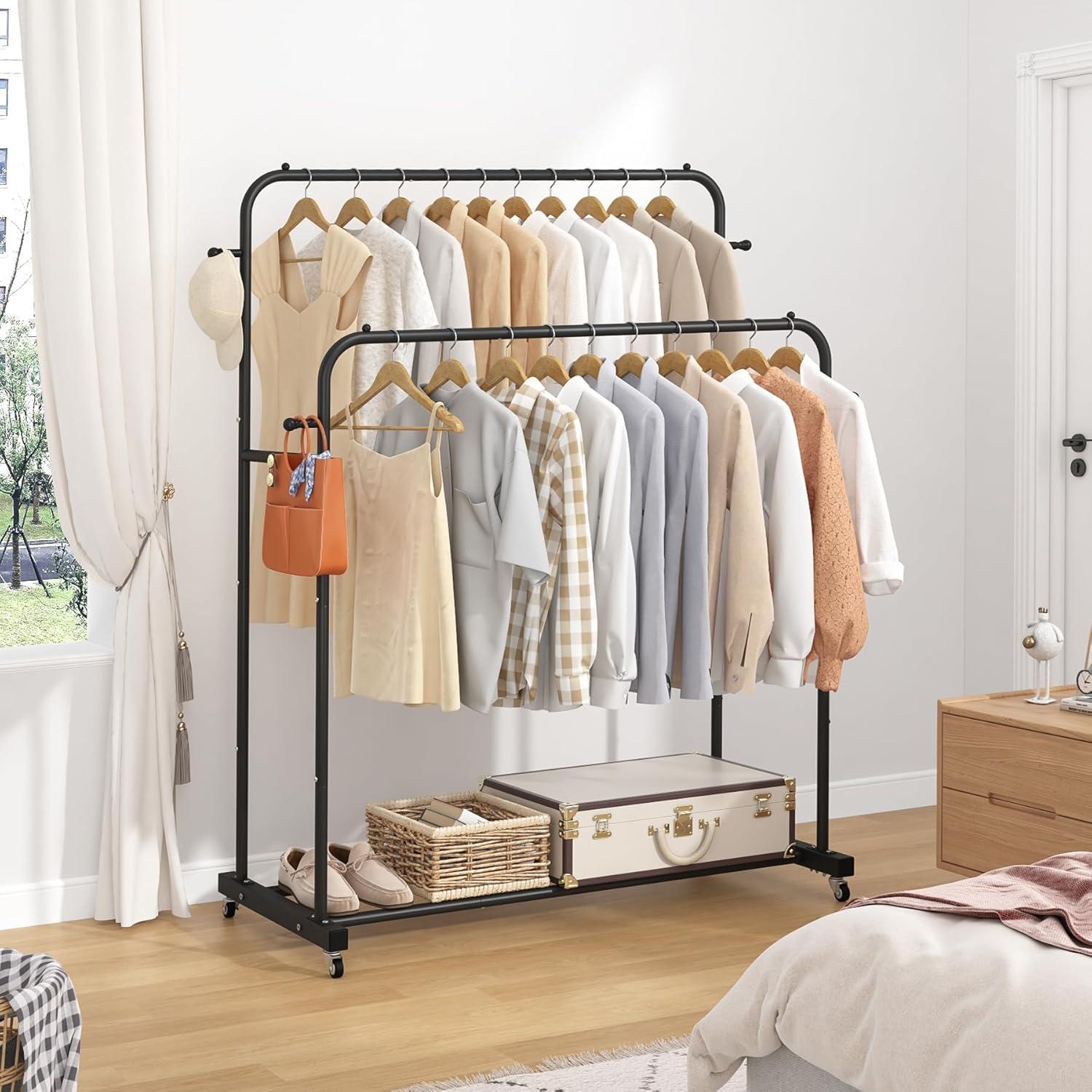 Black Double Rods Garment Rack with Wheels and Hooks