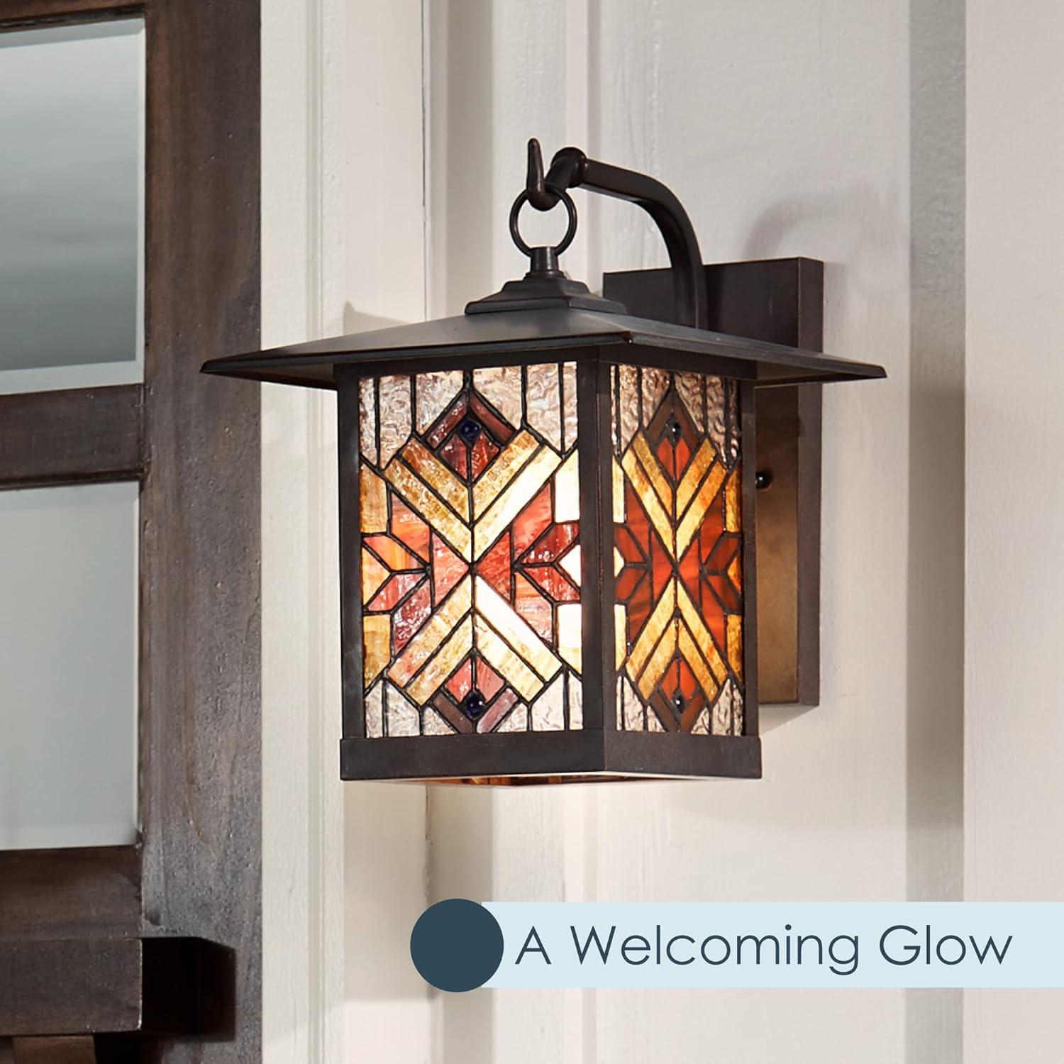 River of Goods 11.75" Stained Glass 1-Light Tiffany Style Bronze Outdoor Lantern Wall Sconce: ETL Listed, Metal Body, No Battery Required