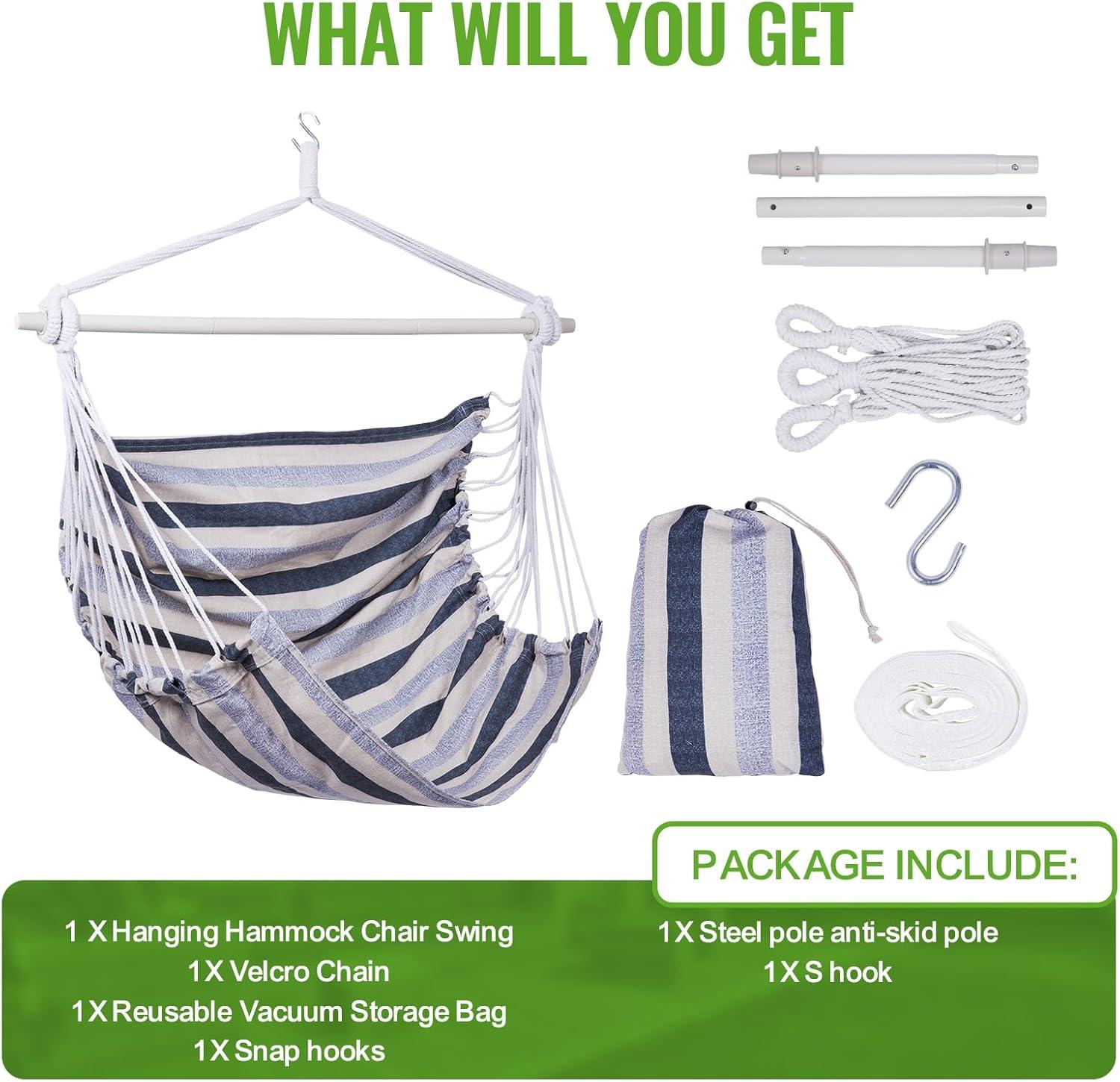 Backyard Expressions Striped Hammock Chair Hanging Rope Swing Chair, Anti Slip Steel Spreader Bar