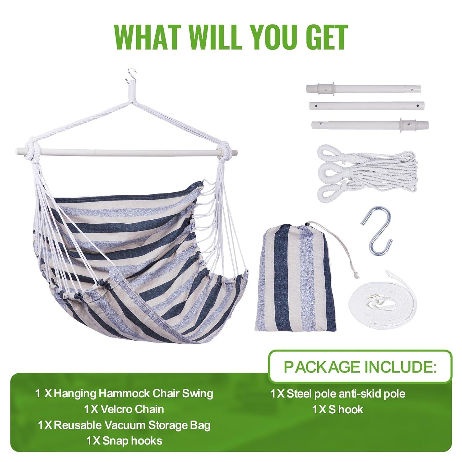 Backyard Expressions Striped Hammock Chair Hanging Rope Swing Chair, Anti Slip Steel Spreader Bar