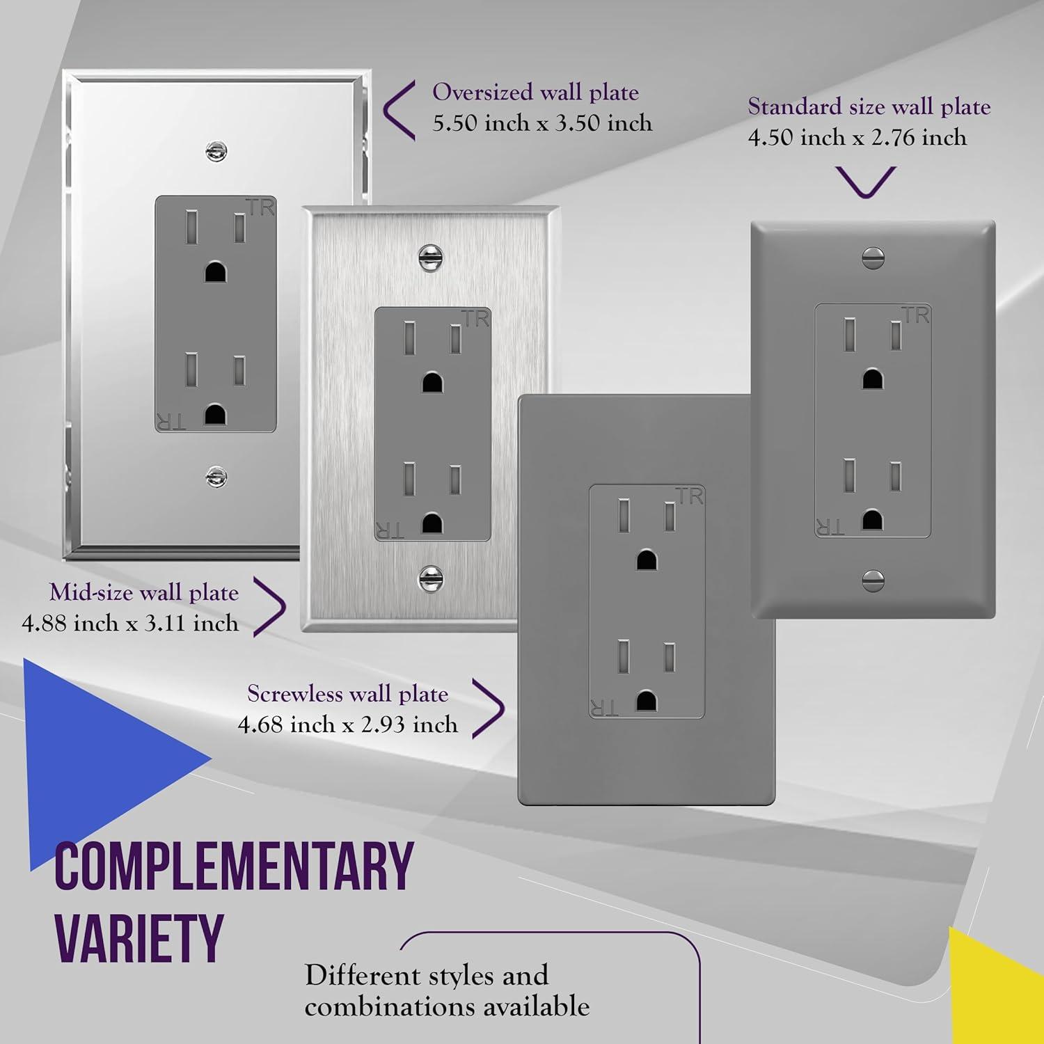 Gray Tamper-Resistant Decorator Receptacle Outlet with Wall Plate