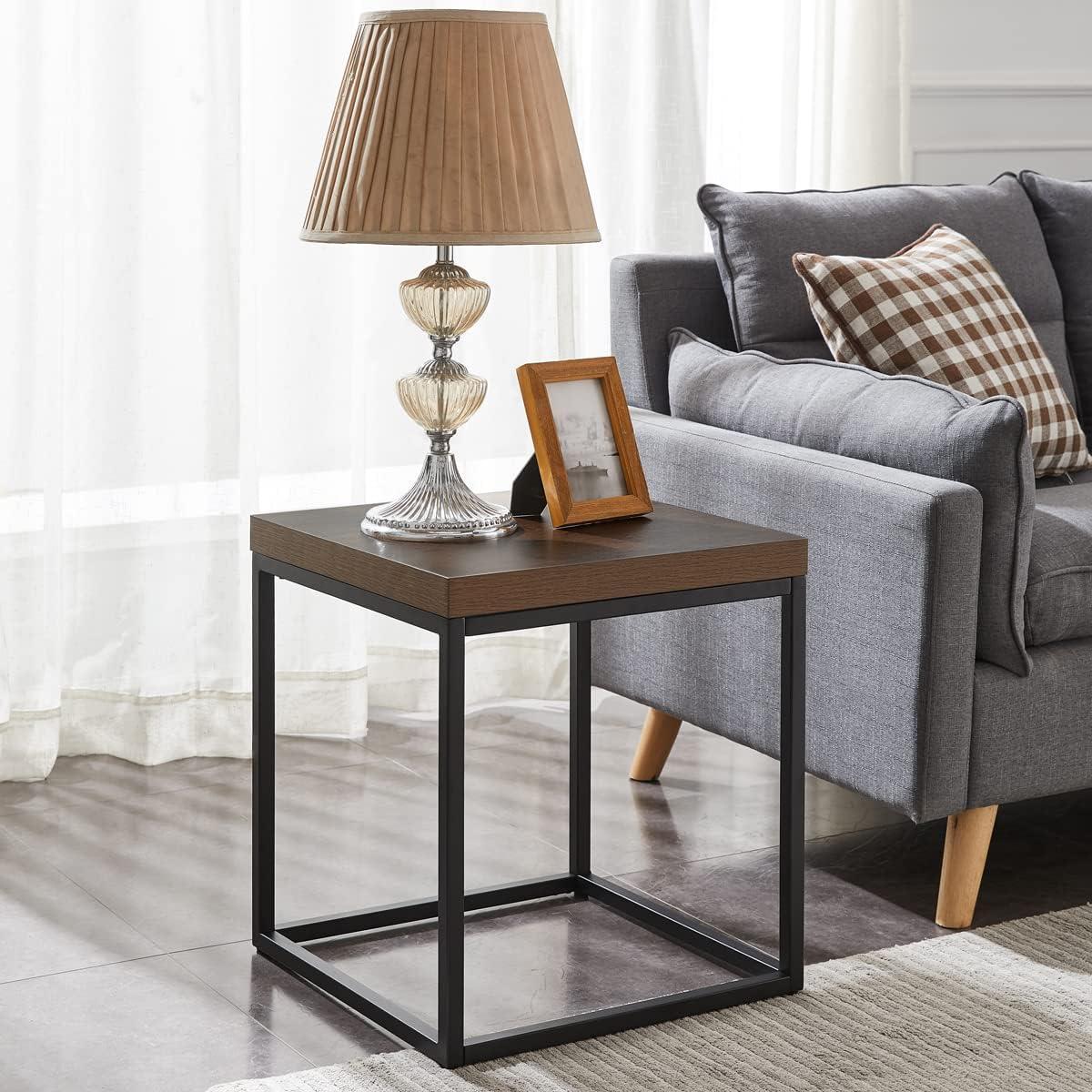 Dark Walnut and Black Square Metal End Table