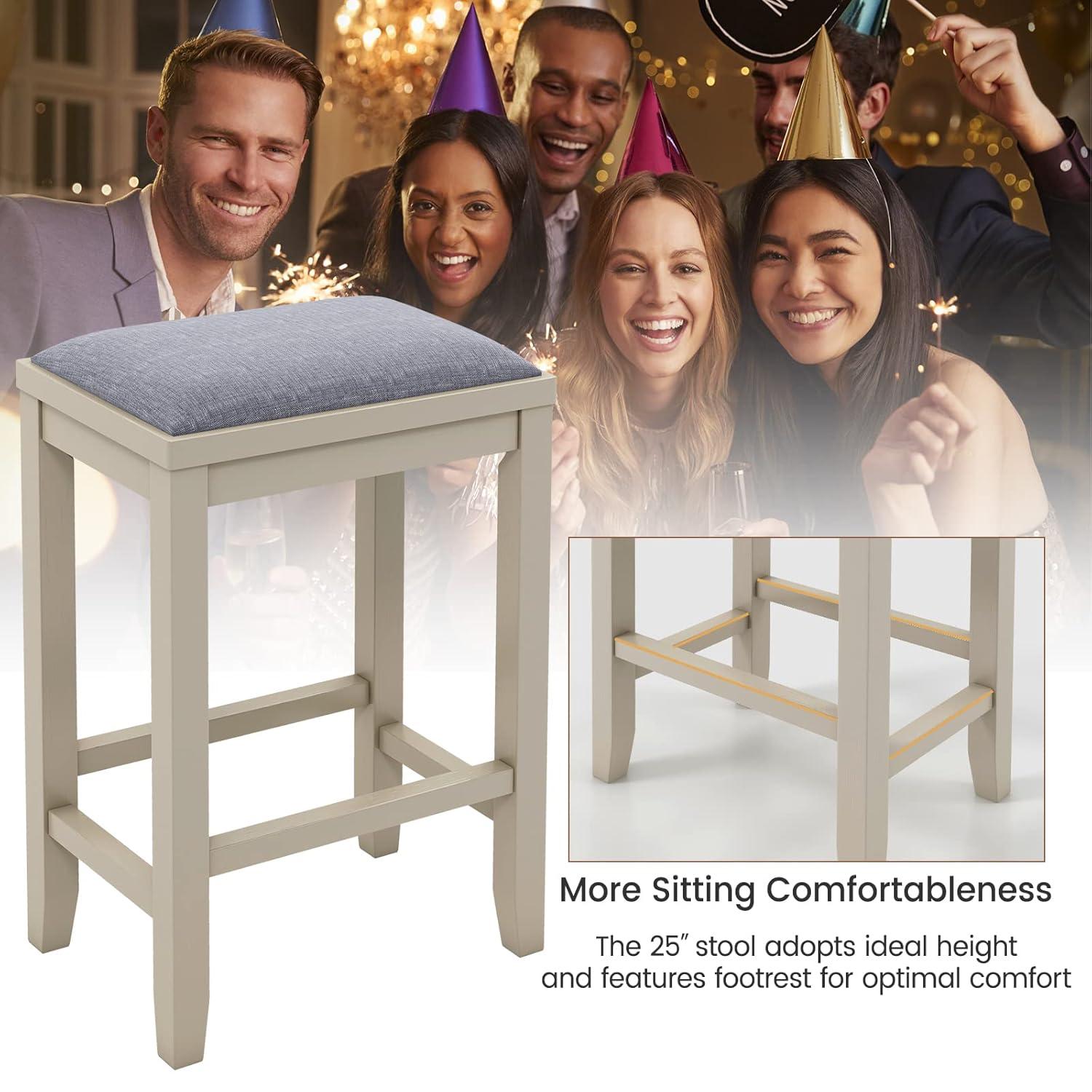 Costway Set of 2 Upholstered Bar Stools Wooden Counter Height Dining Chairs Griege