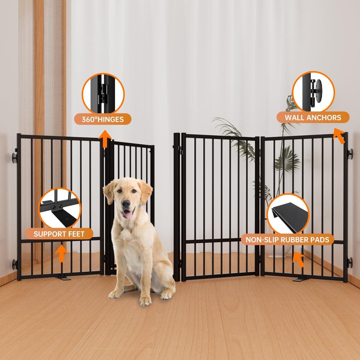 Full Matel Freestanding Dog Gate With Door, 32 Inch Height Foldable Pet Dog Fence Extra Wide Free Standing Small Dog Gates For Doorways,House,Stairs,Porch,Deck,Yard