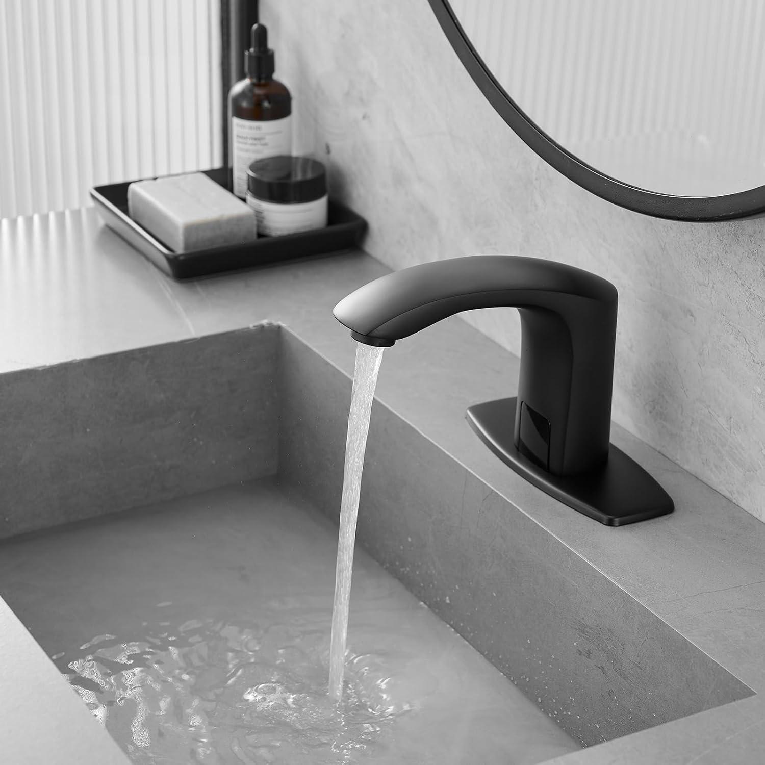 Touchless Bathroom Faucet, Commercial Hands-Free Automatic Sensor Faucet, AC/DC Powered Sink Faucet, Temperature Adjustment Valve, Black