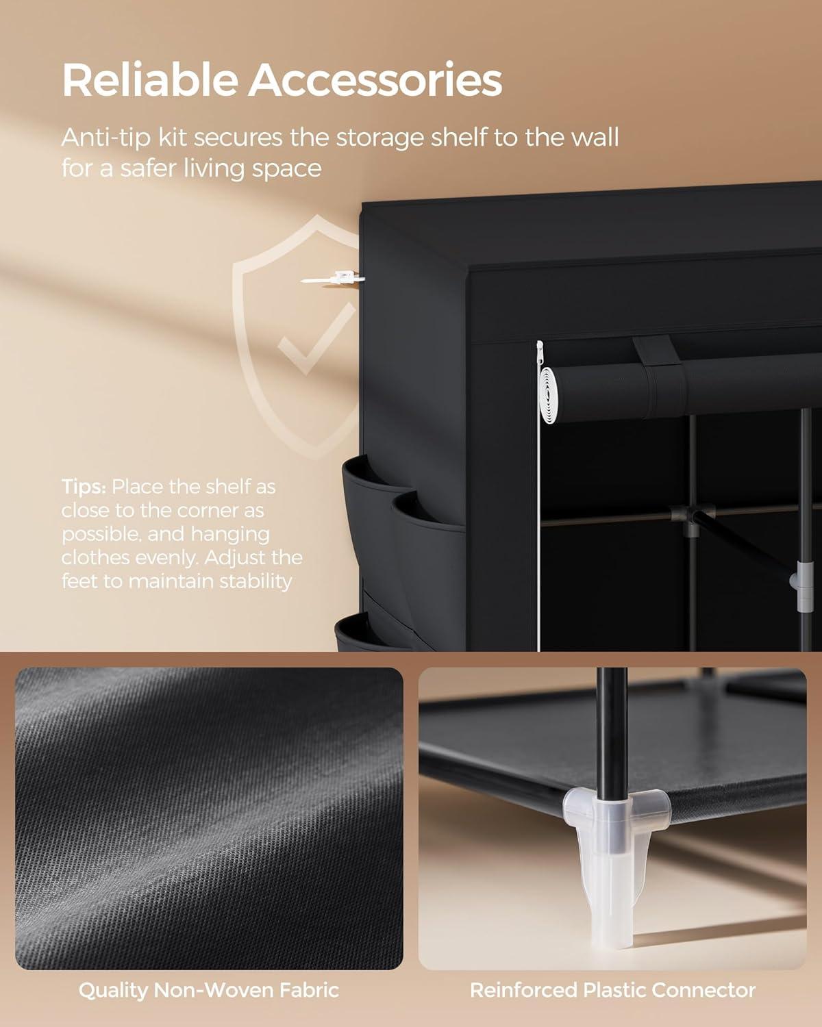 SONGMICS Portable Closet, Wardrobe Closet Organizer with Cover, 4 Hanging Rods and Shelves, 4 Side Pockets, 17.7 x 66.9 x 65.7 Inches, Large Capacity for Bedroom, Living Room, Ink Black URYG094B02