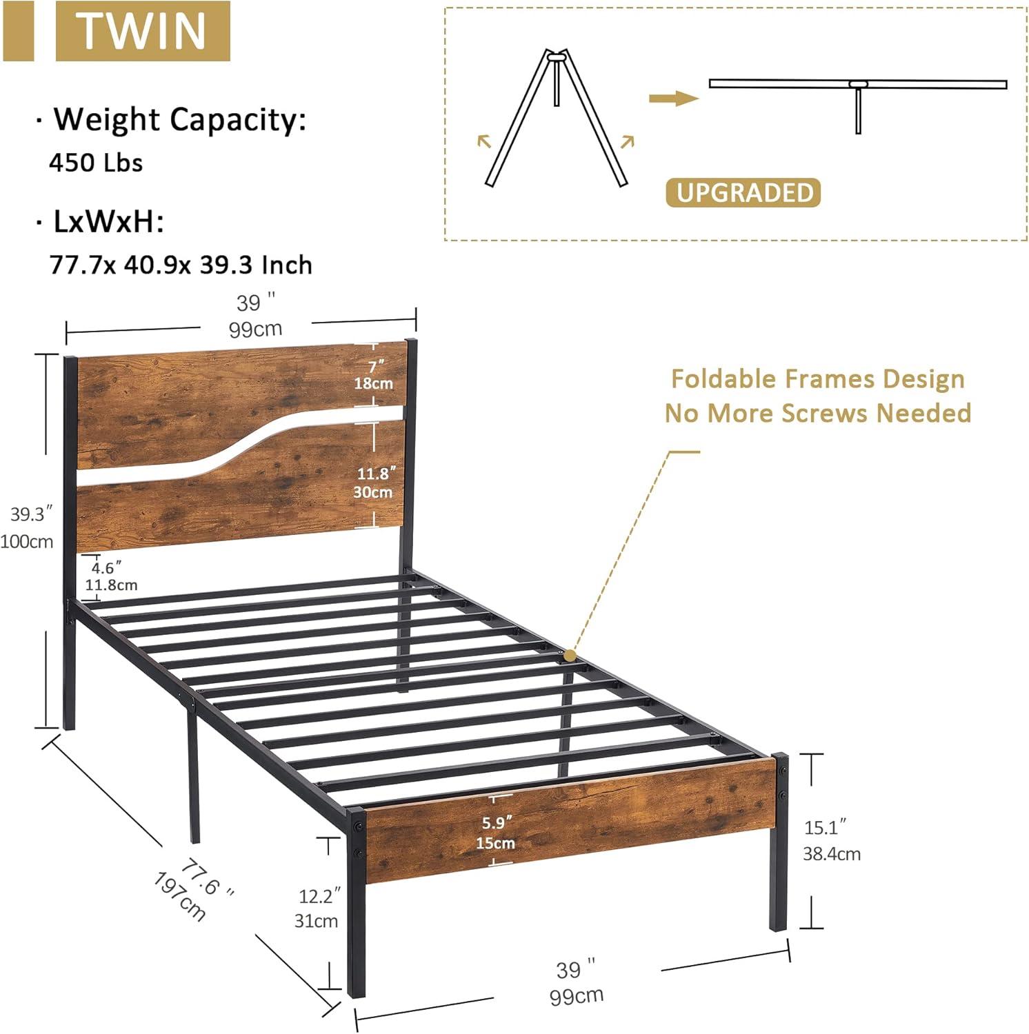 VECELO Platform Bed Frame Twin Size with Rustic Vintage Wood Headboard, Strong Metal Slats Support, No Box Spring Needed