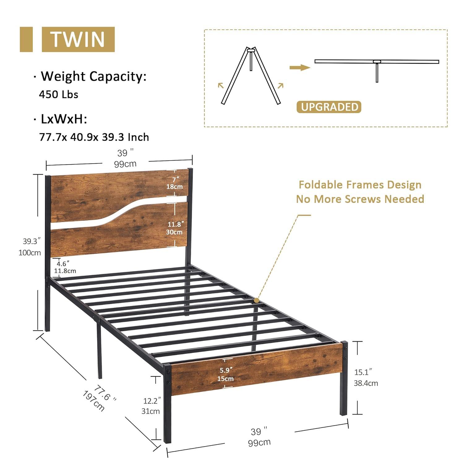 VECELO Platform Bed Frame Twin Size with Rustic Vintage Wood Headboard, Strong Metal Slats Support, No Box Spring Needed