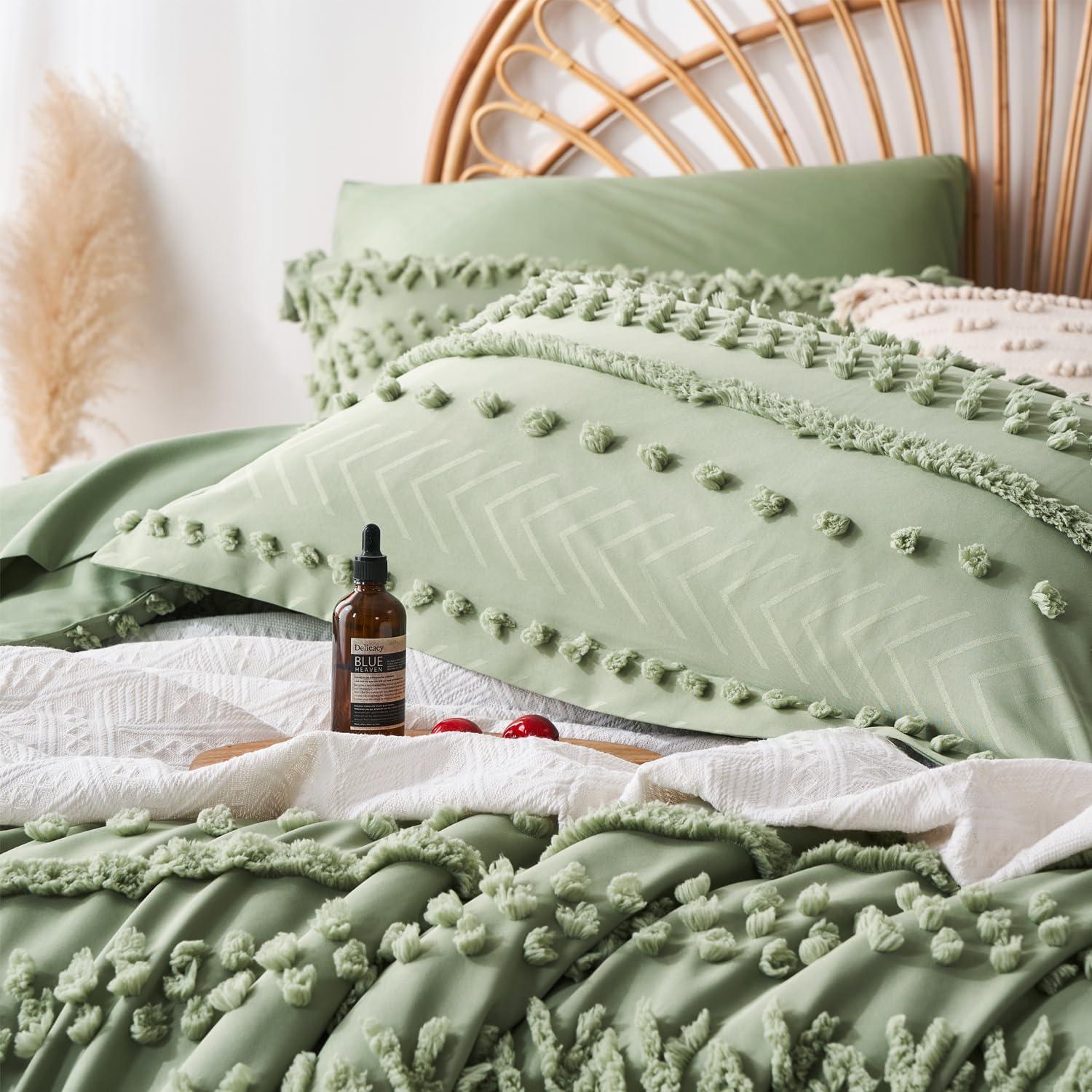 Sage Green Microfiber King Boho Comforter Set with Pom-Pom Accents