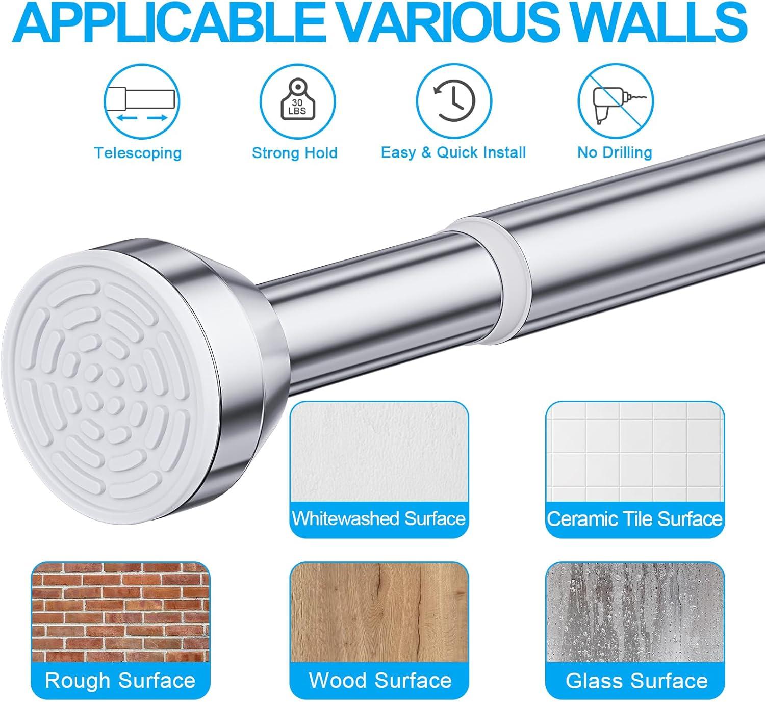 OUMIKEJI Shower Curtain Rod, 27-76 Inch Adjustable Tension Spring, Shower Curtain Rod Tension, Premium Stainless Steel, Anti-Slip, No Drilling, No Rust, For Bathroom, Silver