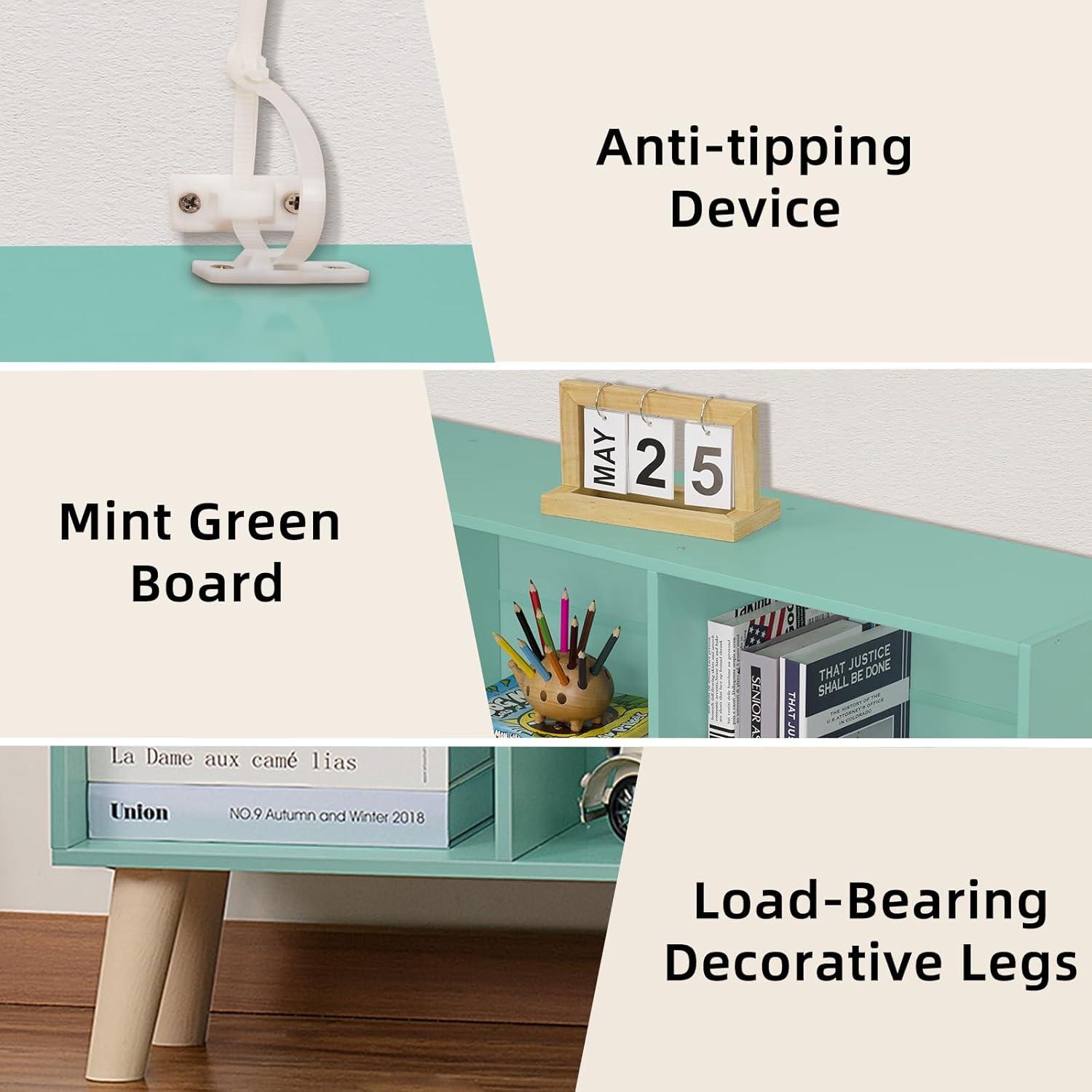 Satiny 7 Cube Bookshelf 3-Tier Bookcase with Legs, Mint-Green Kids Book Shelf Cute Storage Organizer, Toy Shelves Bookshelves,Wood Display Bookcases