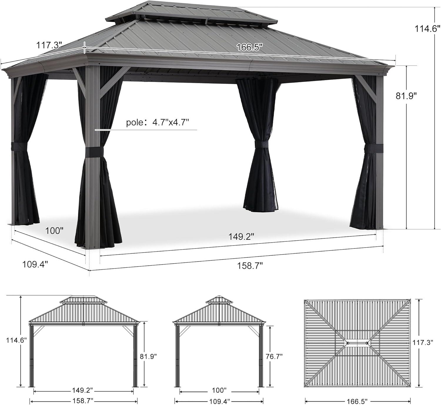 PURPLE LEAF 10' x 14' Outdoor Hardtop Gazebo with Double Roof Metal Gazebo,Light Gray