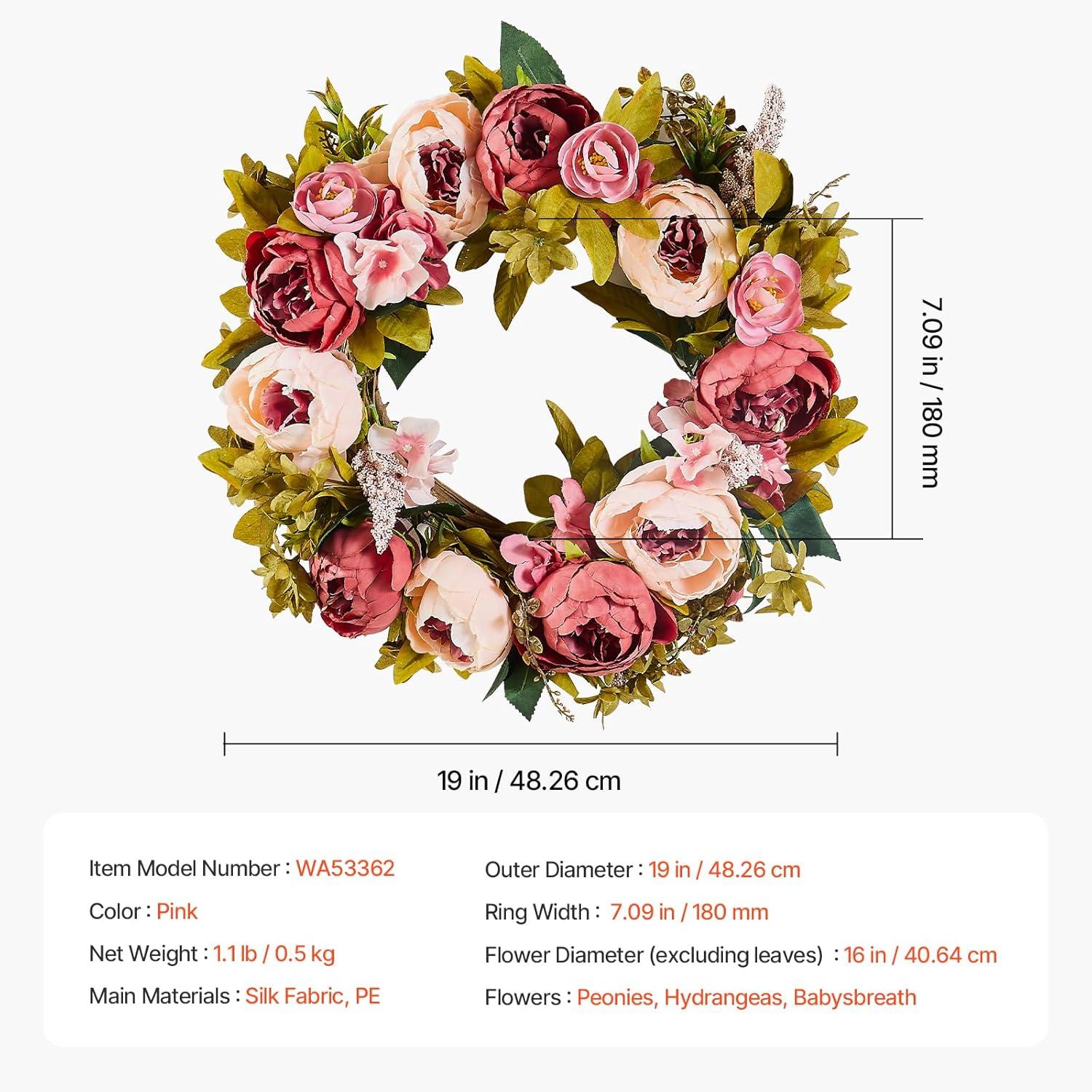 VEVOR Spring Wreath for Front Door 19 Inch - Artificial Peony Floral Wreath with Greenery, Year-Round All Season Outdoor Indoor Decor