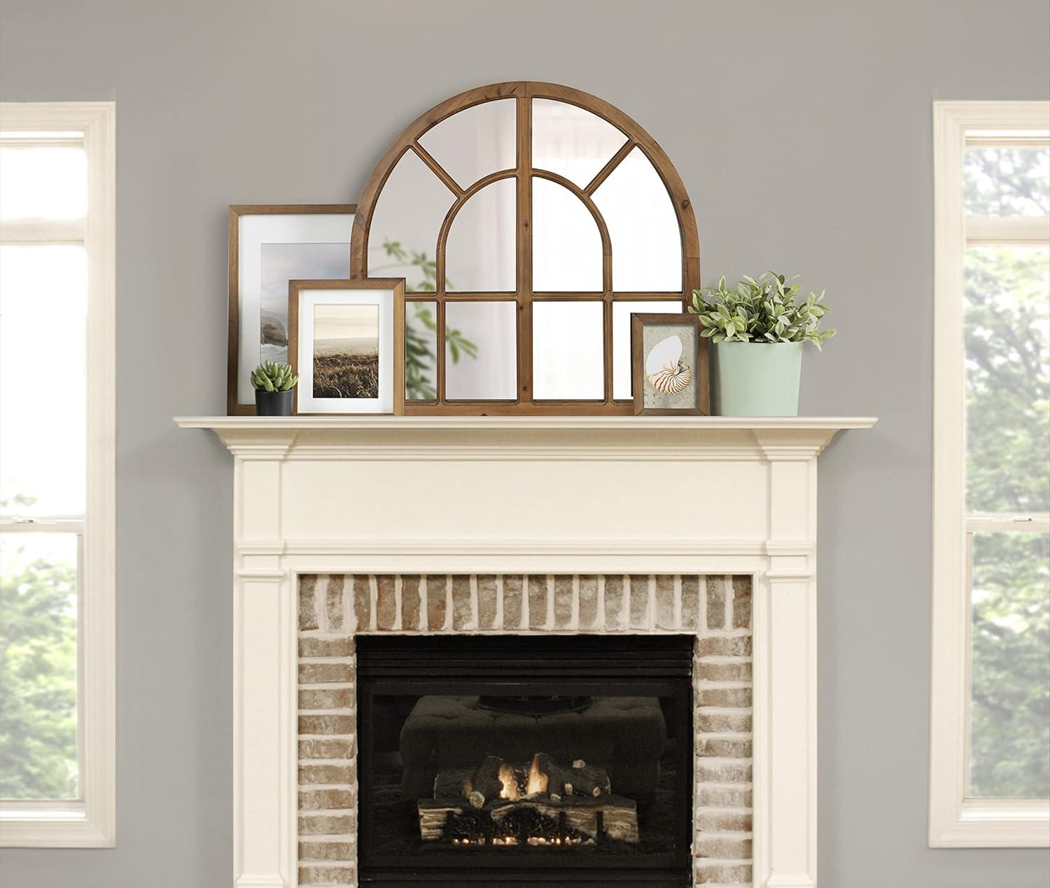 Rustic Brown Wood Arched Windowpane Wall Mirror