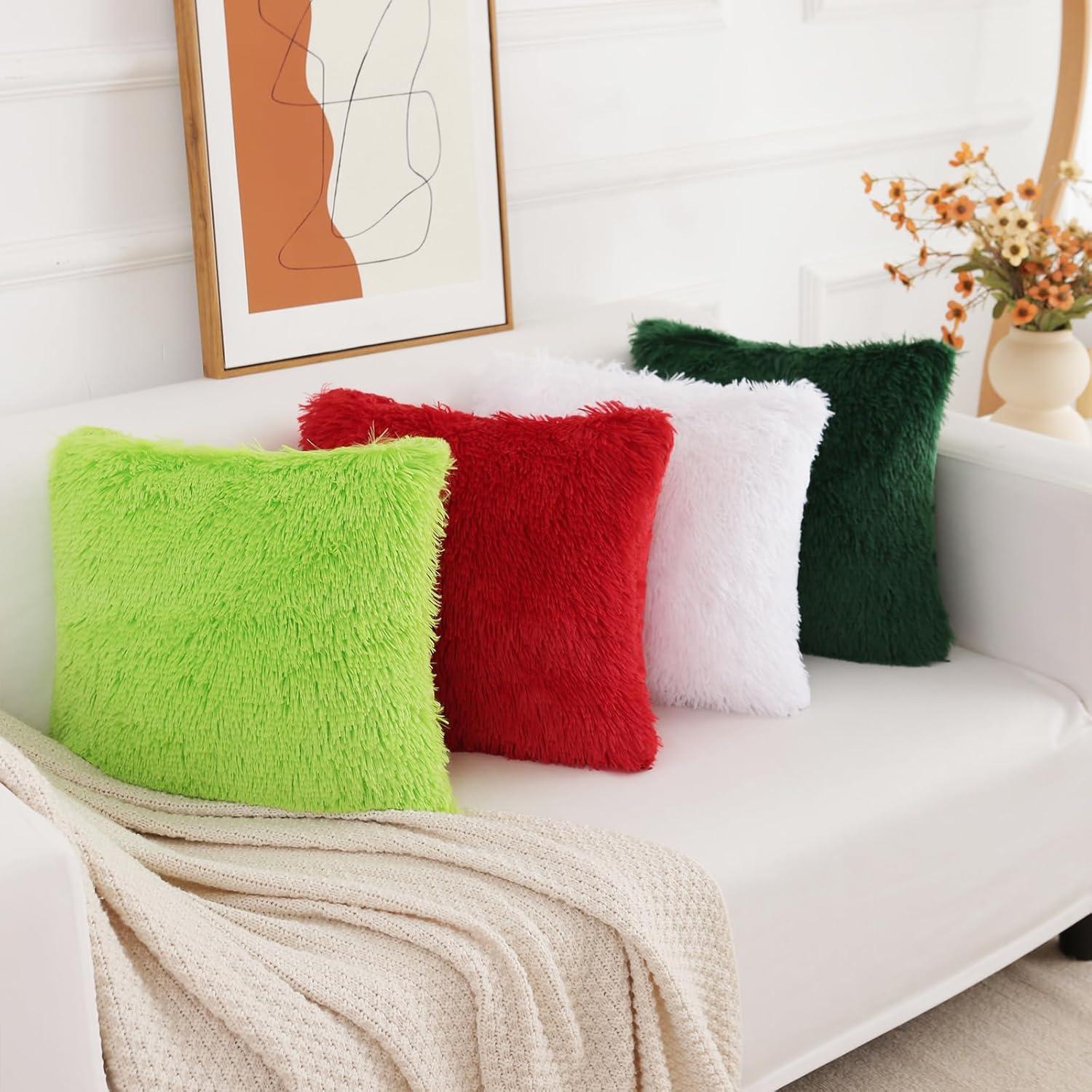 Fluffy White Faux Fur Pillow Covers   Set of 2, Cozy and Soft, 18x18 Inch, Invisible Zipper