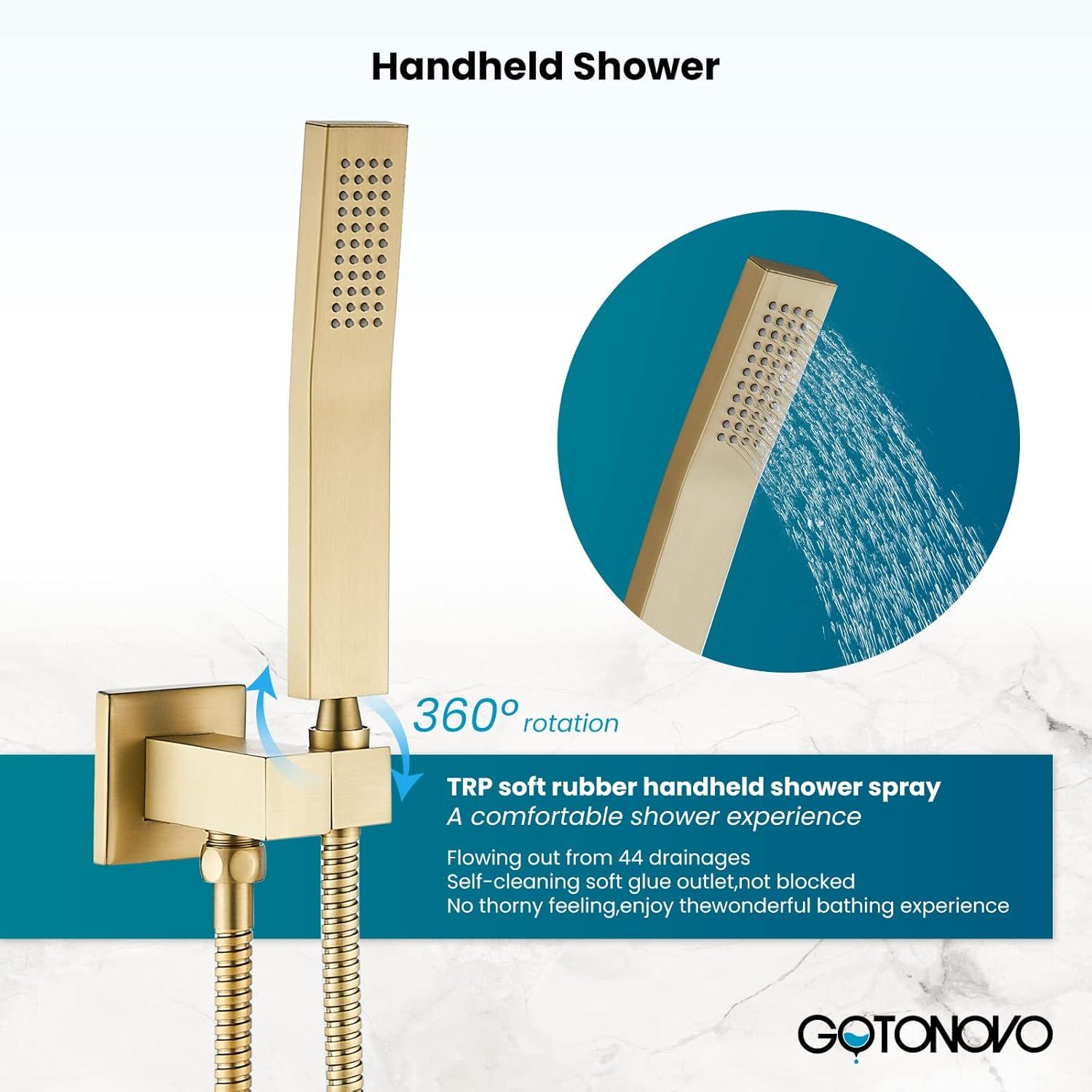 Shower system, 12" (approx. 30.5 cm) rain shower head and handheld spray bathroom shower unit with brass valve and wall trim kit Gold