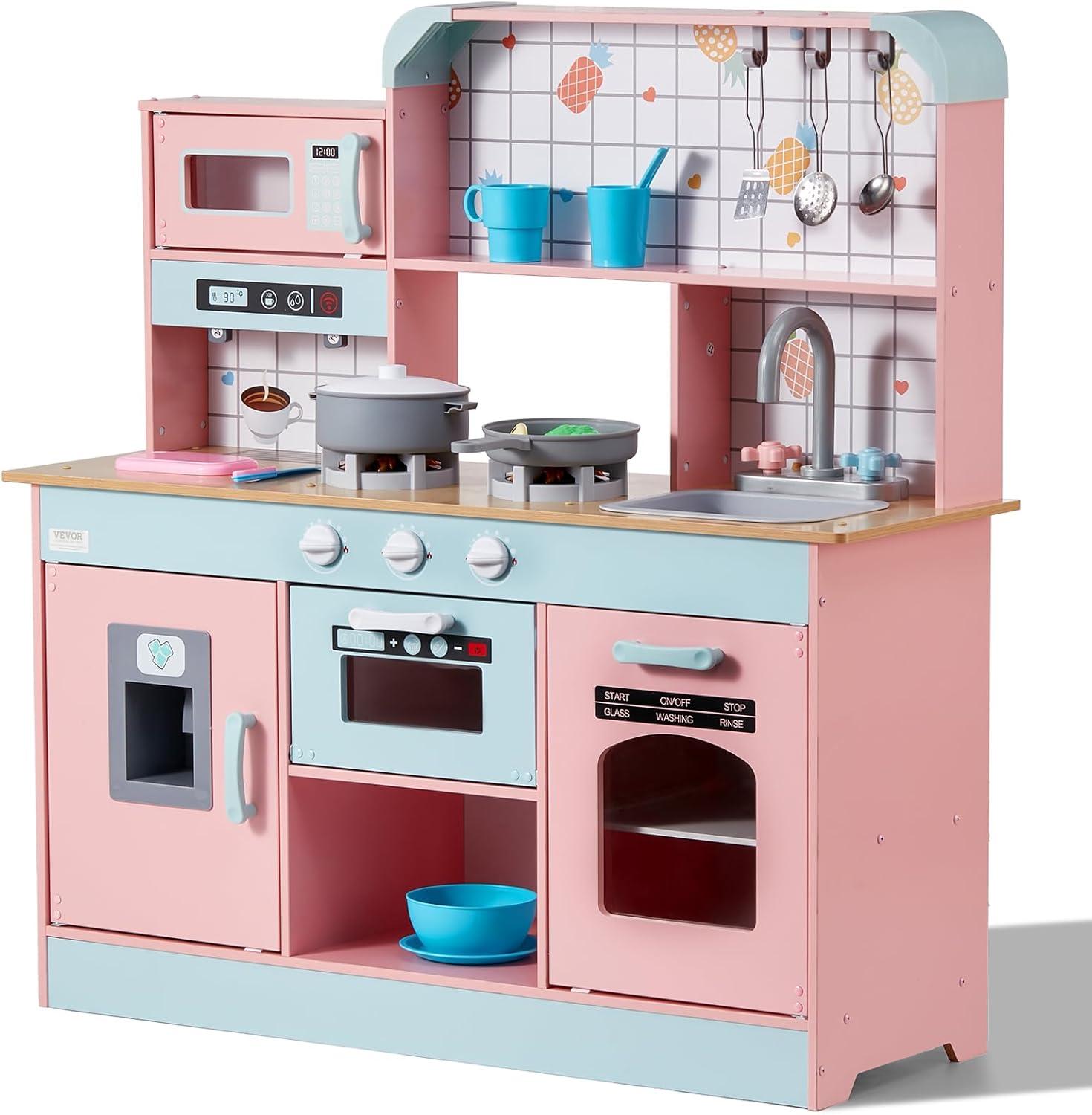 VEVOR Play Kitchen for Kids, Wooden Toy Kitchen Set with Lights and Sounds, Toddler Kitchen with Ice Maker, Oven, Sink, Microwaves, Fridge and Utensil and Fruit Accessory for Toddlers ages 3-8, Pink