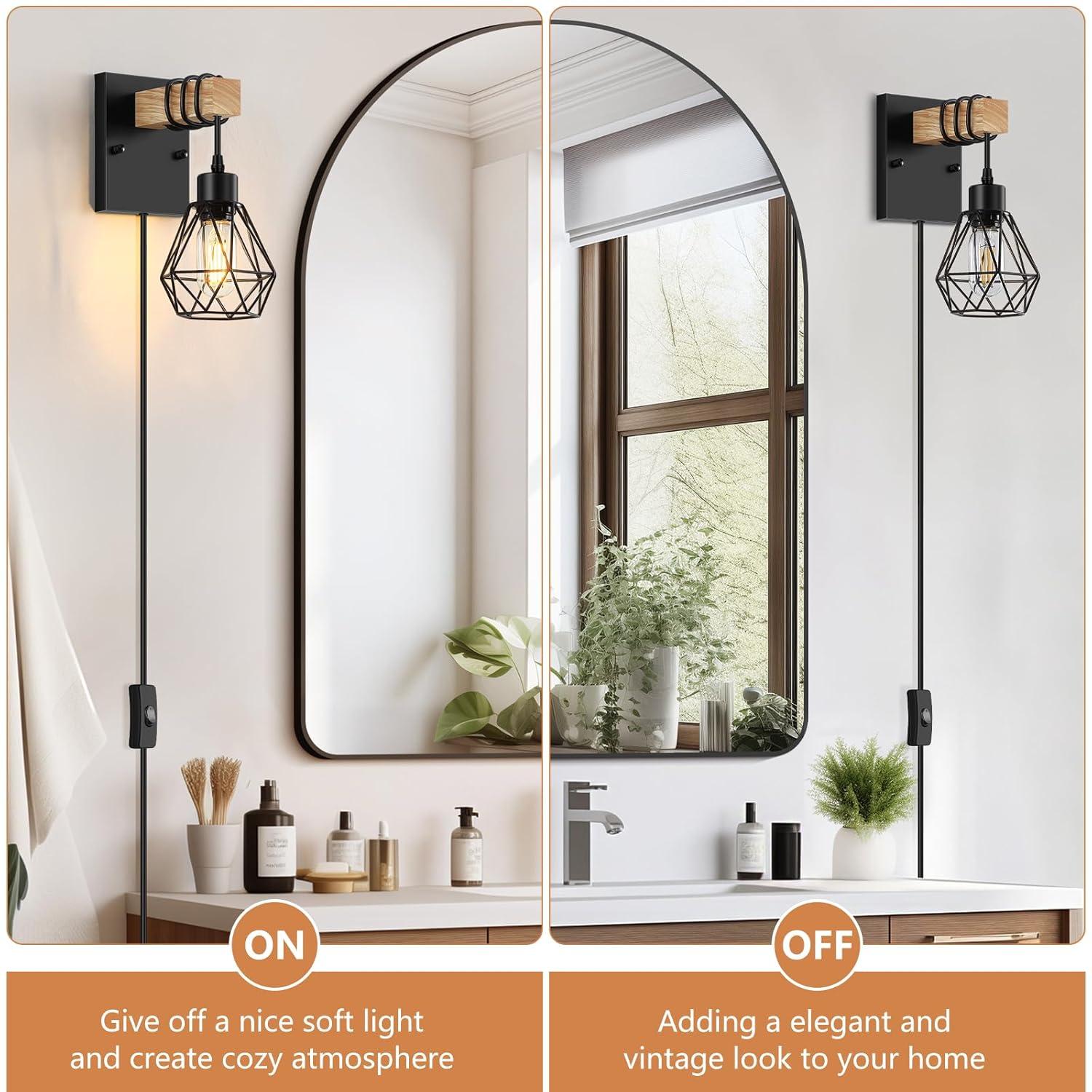 Plug in Wall Sconces Set of 2 with 6 FT On/Off Switch Cord, Wall Light Fixtures Black Industrial Farmhouse Indoor Wall Latern For Bedroom Living Room