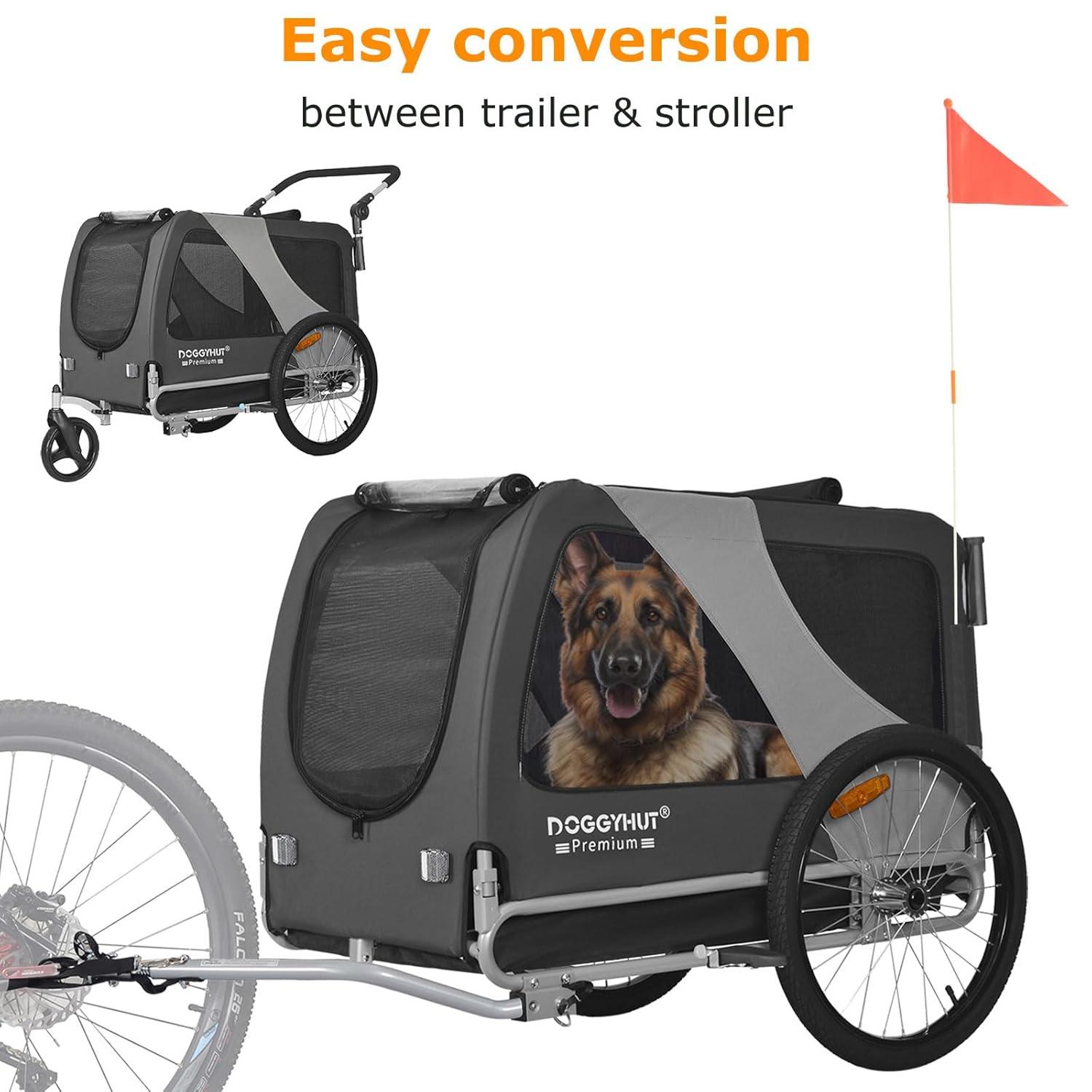DOGGYHUT Premium XL Pet Bike Trailer & Stroller for Large Sized Dog or Multiple Small Dogs,Low Center of Gravity,Parking Brakes,Easy Folding Frame,Bicycle Carrier