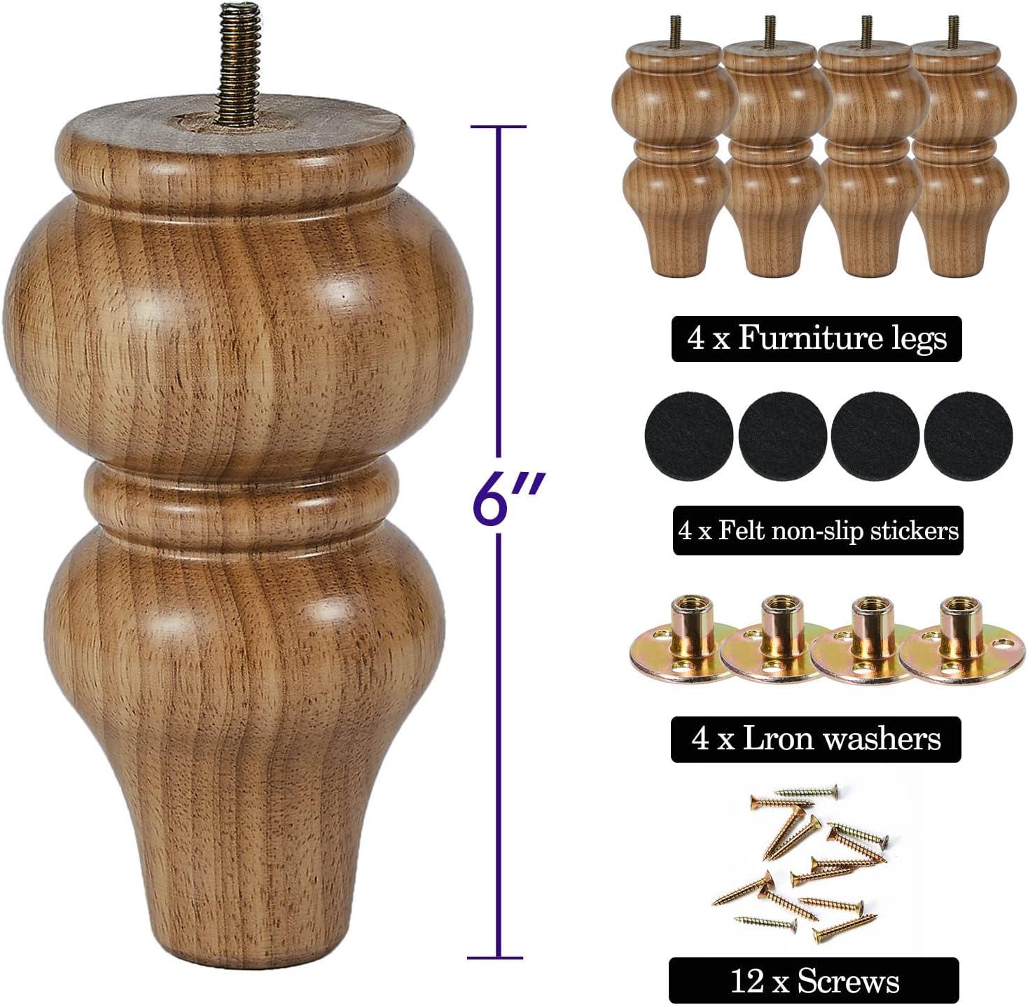Wood Furniture Legs-Round Couch Legs, Sofa Legs Set of 4,Couch Legs Replacement,for Chair Legs Dresser Legs Cabinet Legs(6 inch Wood Color)