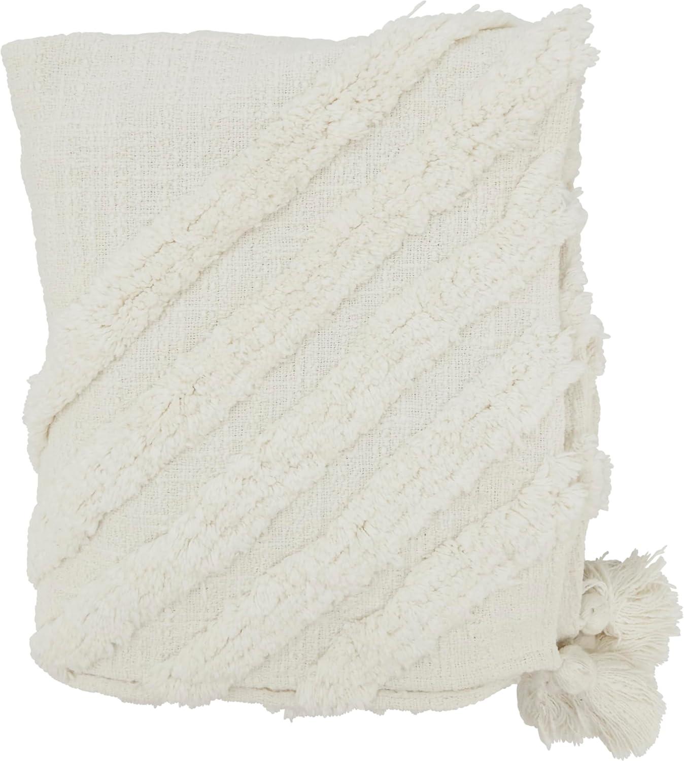 White Cotton Textured Tufted Throw with Tassels