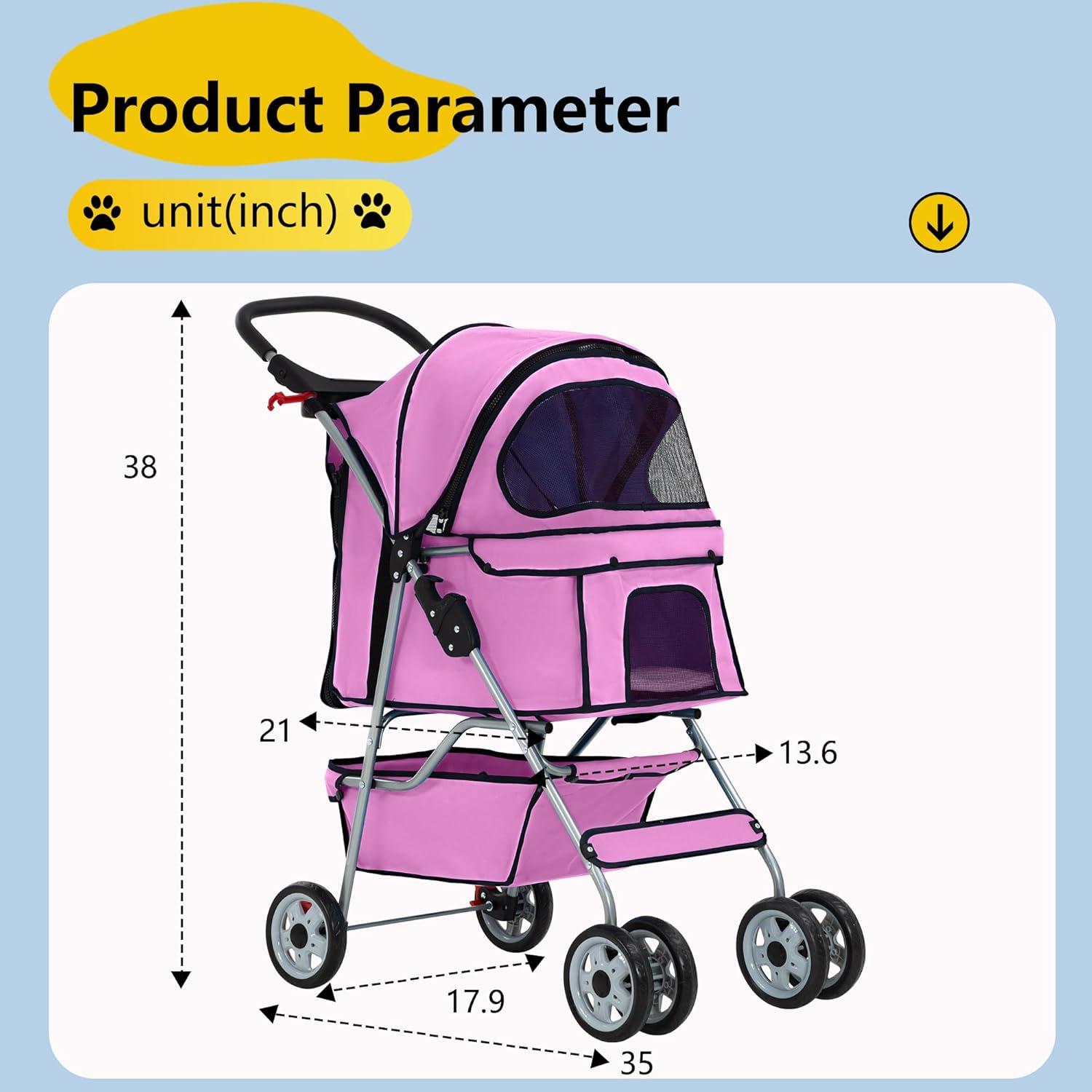 4 Wheels Pet Stroller Cat Dog Cage Stroller Travel Folding Carrier with Cup Holders and Removable Liner for Small-Medium Dog, Cat (Pink)