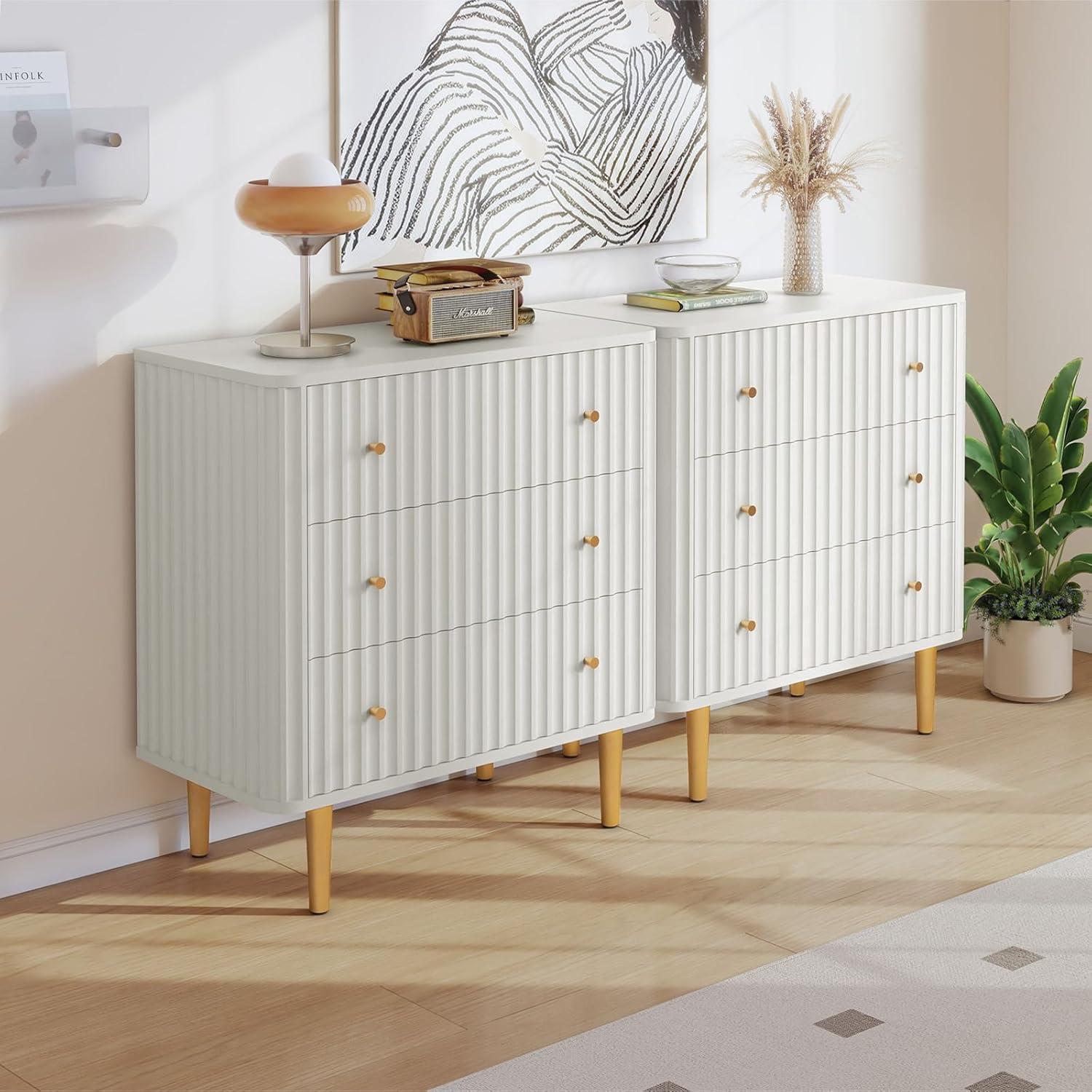 White Fluted 3-Drawer MDF Dresser with Gold Accents