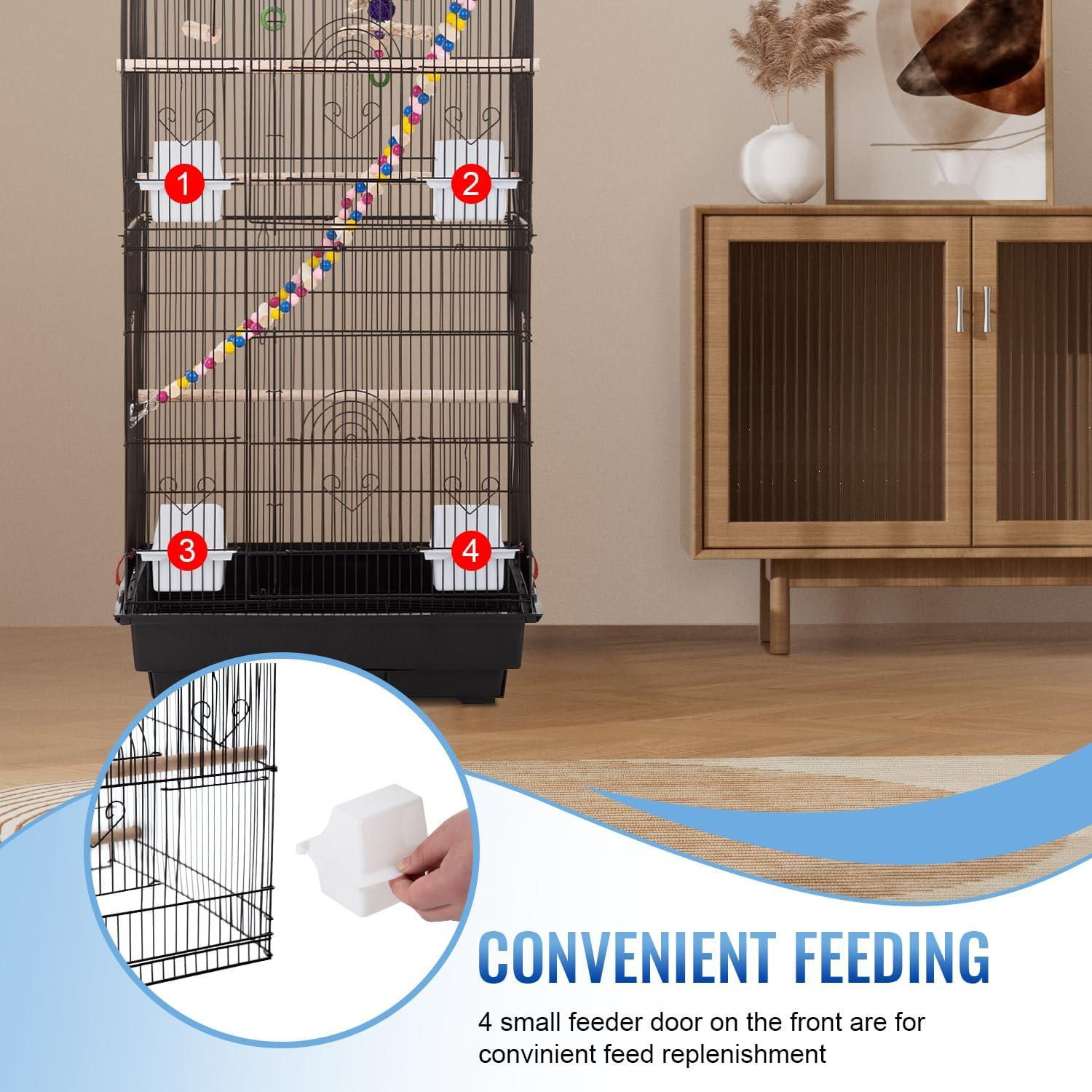 39 Inches Bird Cage Roof Top Large Flight Parrot Bird Cage with Toys for Medium Small Birds, Lovebirds, Finch, Cockatiel Parakeets, Parrot, Iron Bird Cage, Black, 17x14x39 Inch (Pack of 1)