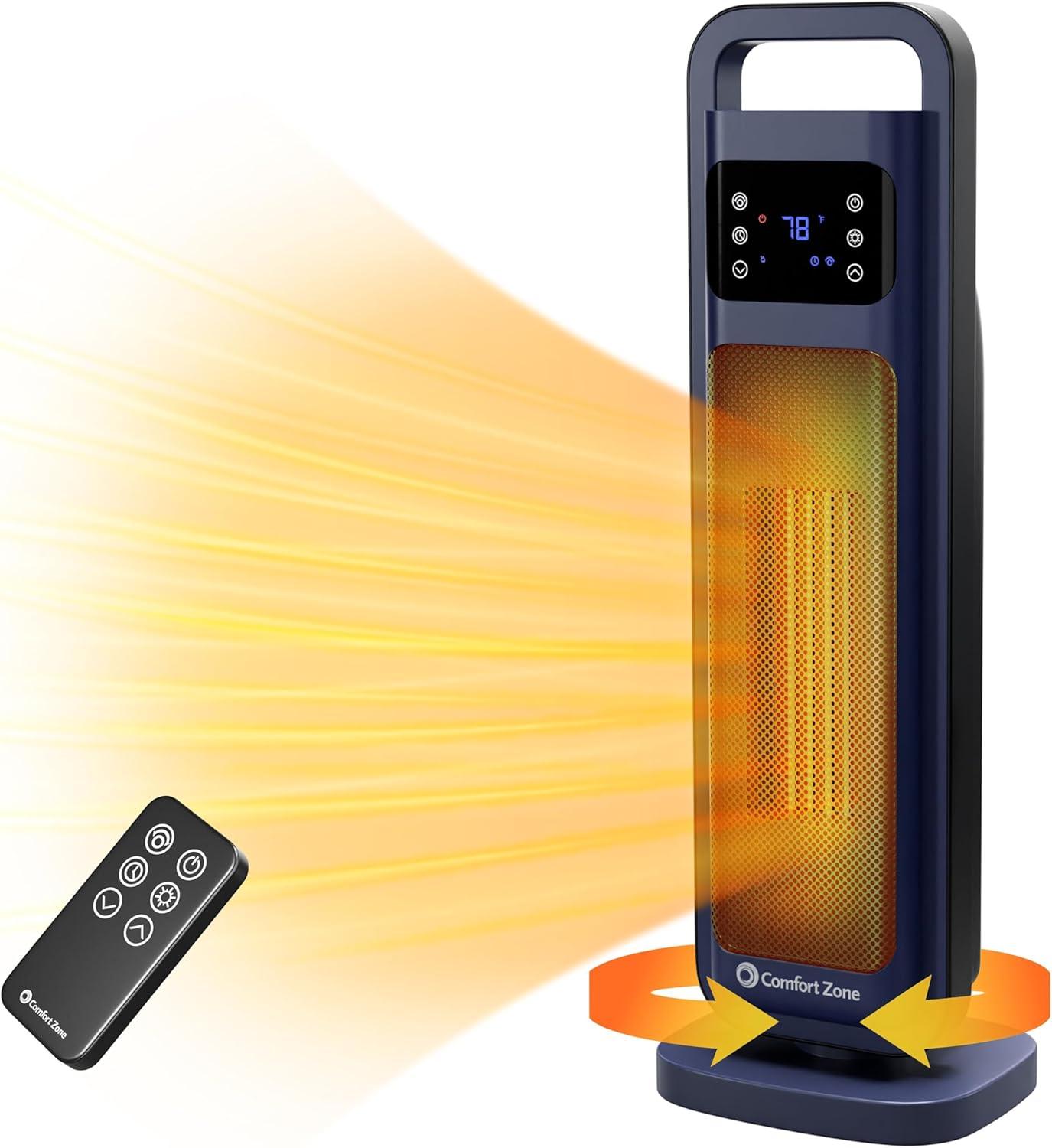 Comfort Zone 26" Oscillating Digital Tower Heater with Remote Control for Indoor Use, Adjustable Thermostat, Timer, Overheat Protection, Tip-Over Switch, Ideal for Home, Bedroom, & Office, HT1206-NVY