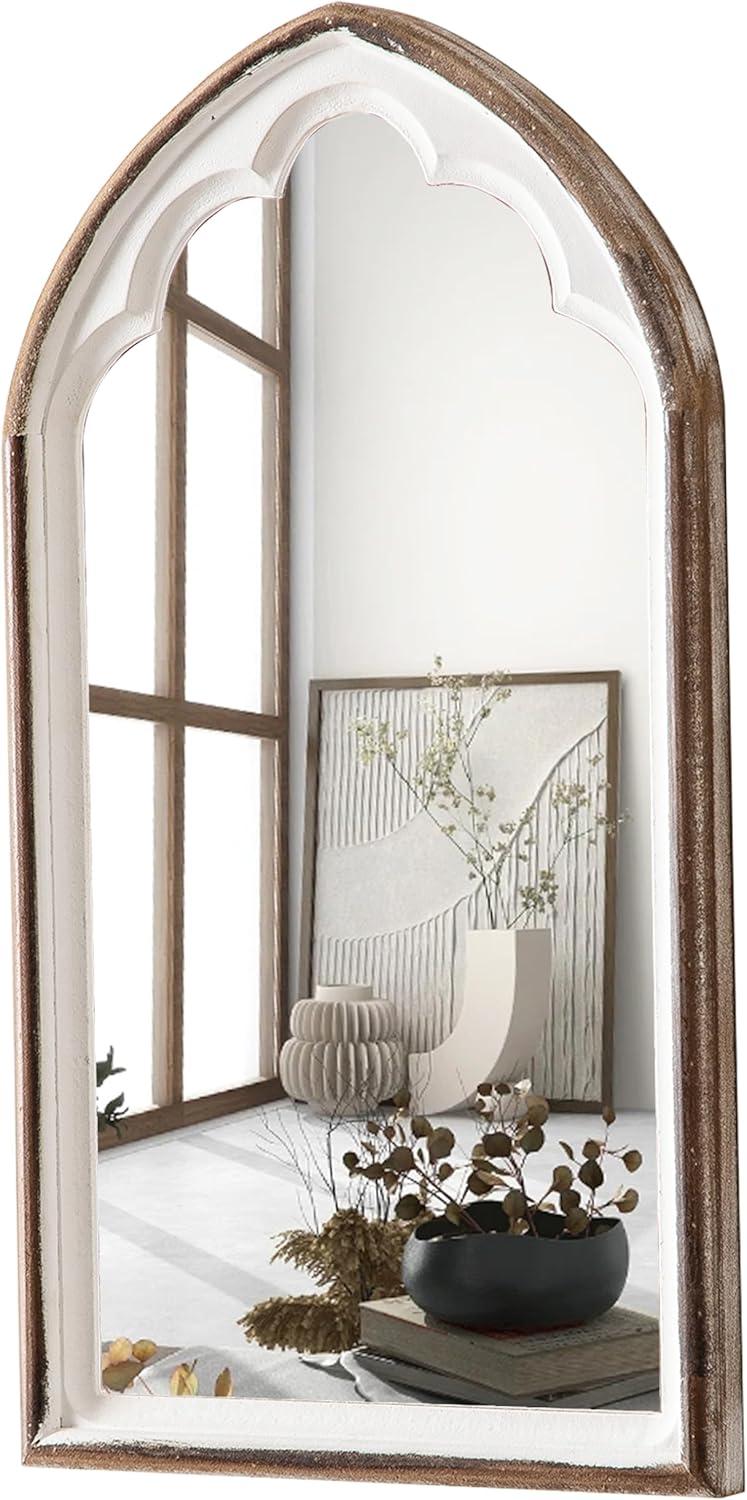 Farmhouse Wooden Arched Mirrors for Wall 13 X 24 Inch, Hanging Distressed White Carved Wood Framed Arch Mirror, Rustic Decorative Mirrors for Living Room Entryway Fireplace Bathroom