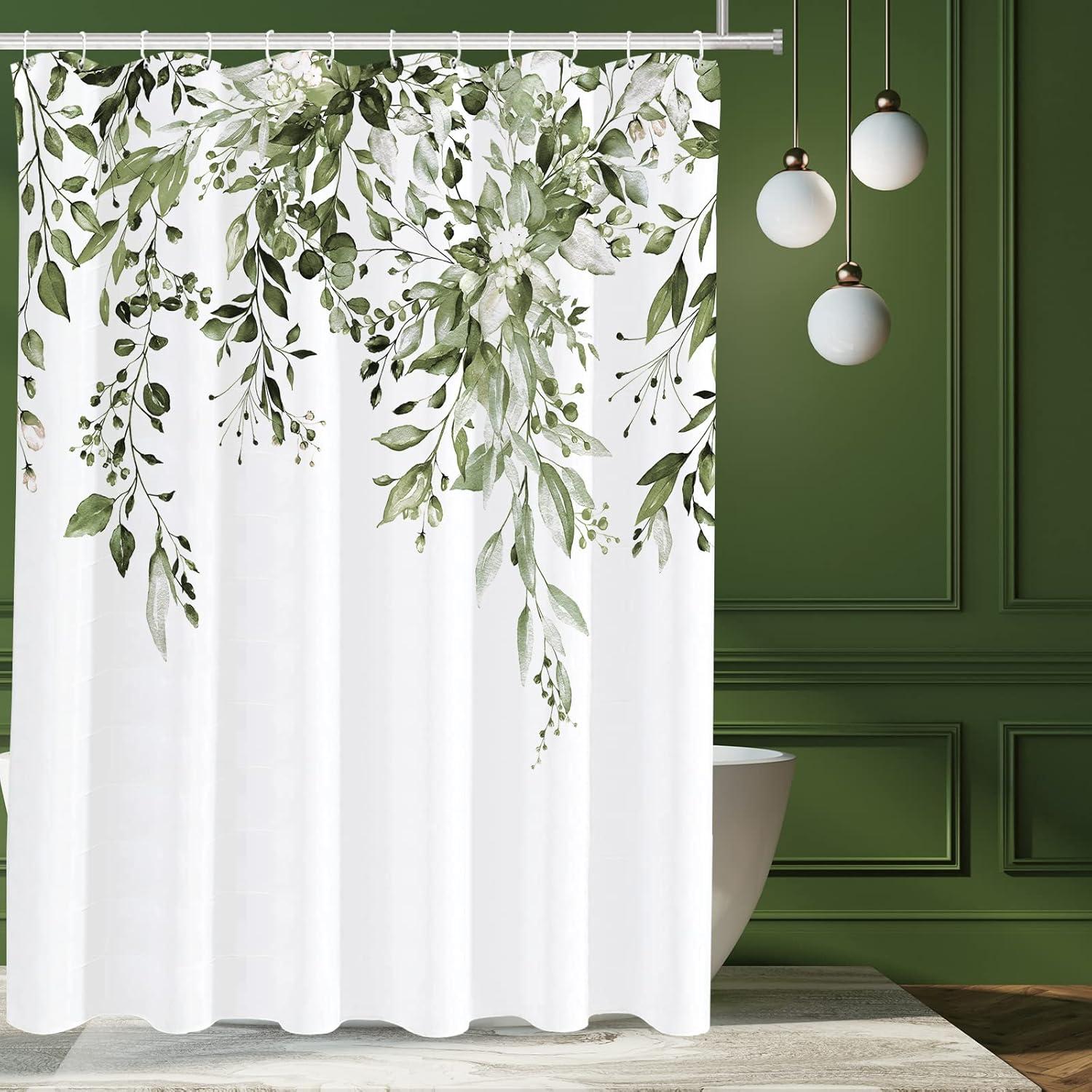 Eucalyptus Watercolor Leaves Semi-Sheer Waterproof Shower Curtain