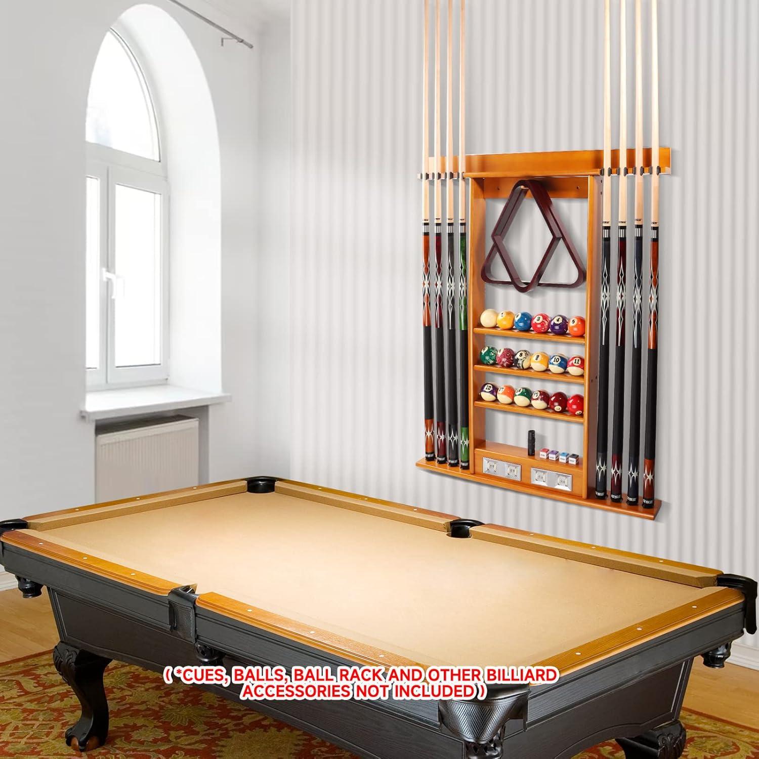 GSE Games & Sports Expert Pool Cue Stick Hanging Wall Mounting Rack with Score Counter, Cue Rack Only. Holds 8 Pool Cue Stick, Billiard Ball and Ball Rack - Oak