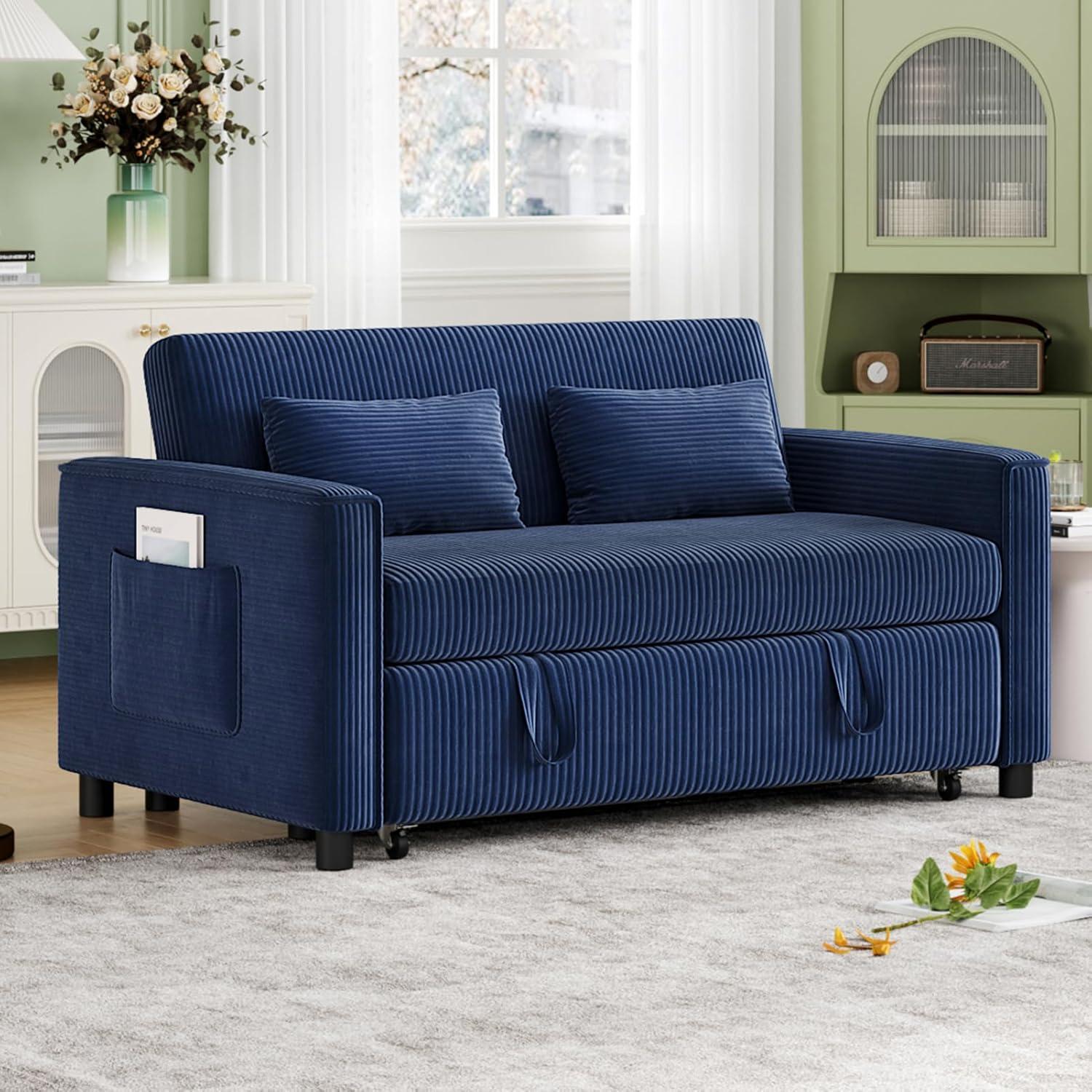 55" Modern Loveseat with Pull Out Bed, 3 in 1 Convertible Velvet Sleeper Sofa Bed with Adjustable Backrest & 2 Pillows, 2 Detachable Arm Pocket for Small Space, Living Room, Apartment, Blue