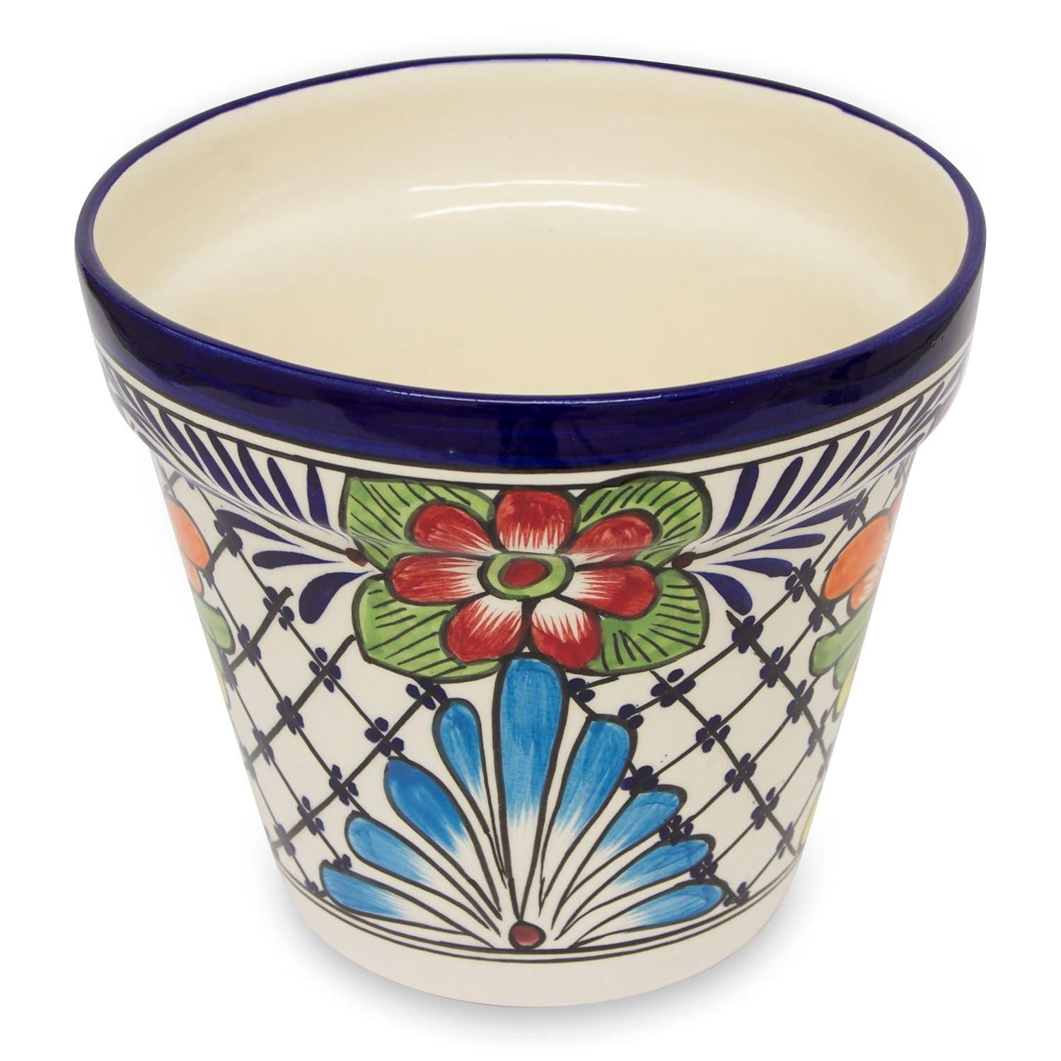 NOVICA Handmade Painted Flower Pot | Majolica Multicolor | Ceramic Home Decor | Artisan Crafted Draining Hole | Talavera Cone Planter | Pottery Folk Art | Mexico ' Wild Flowers' 7" H x 7.75" Diam.