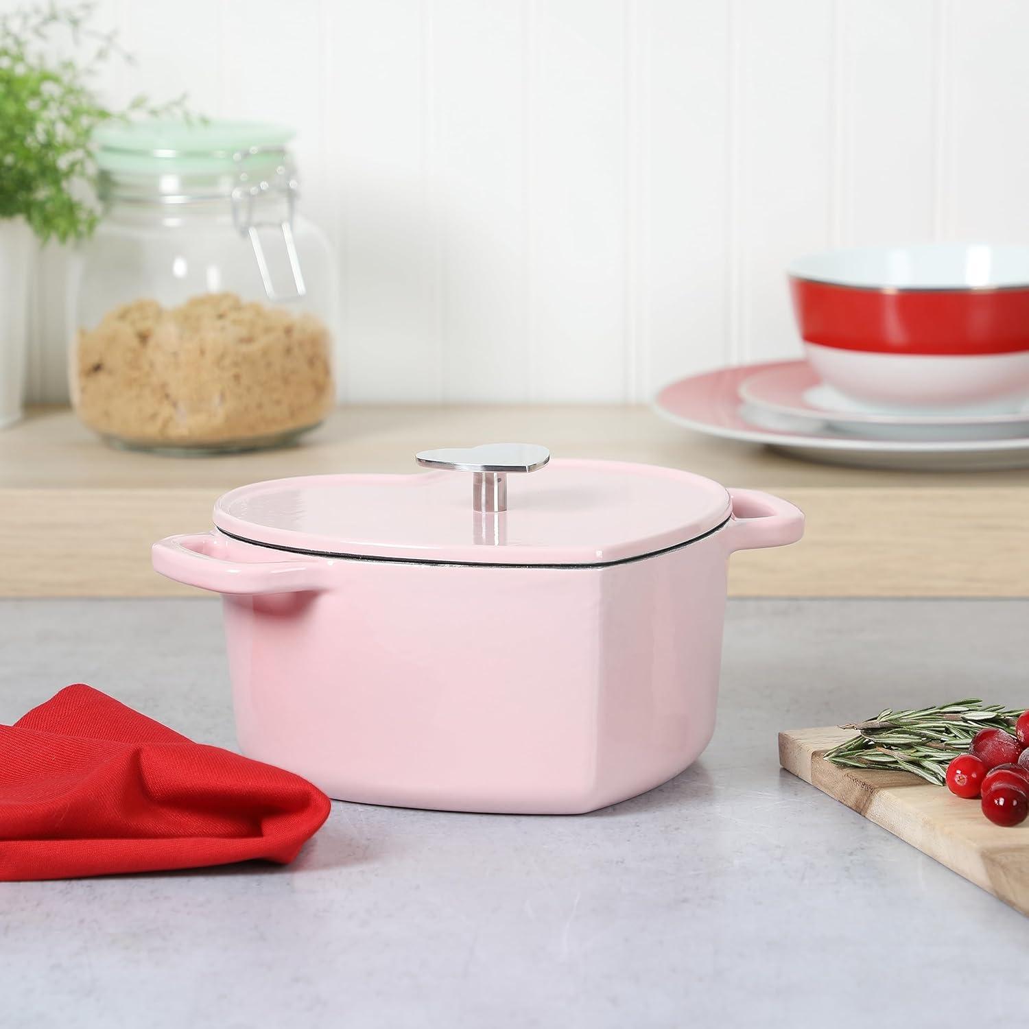 Martha Stewart Heart Shaped 2qt Dutch Oven Pink: Enamel Surface, Oven-Safe, Gas & Electric Compatible, 9.5 lbs