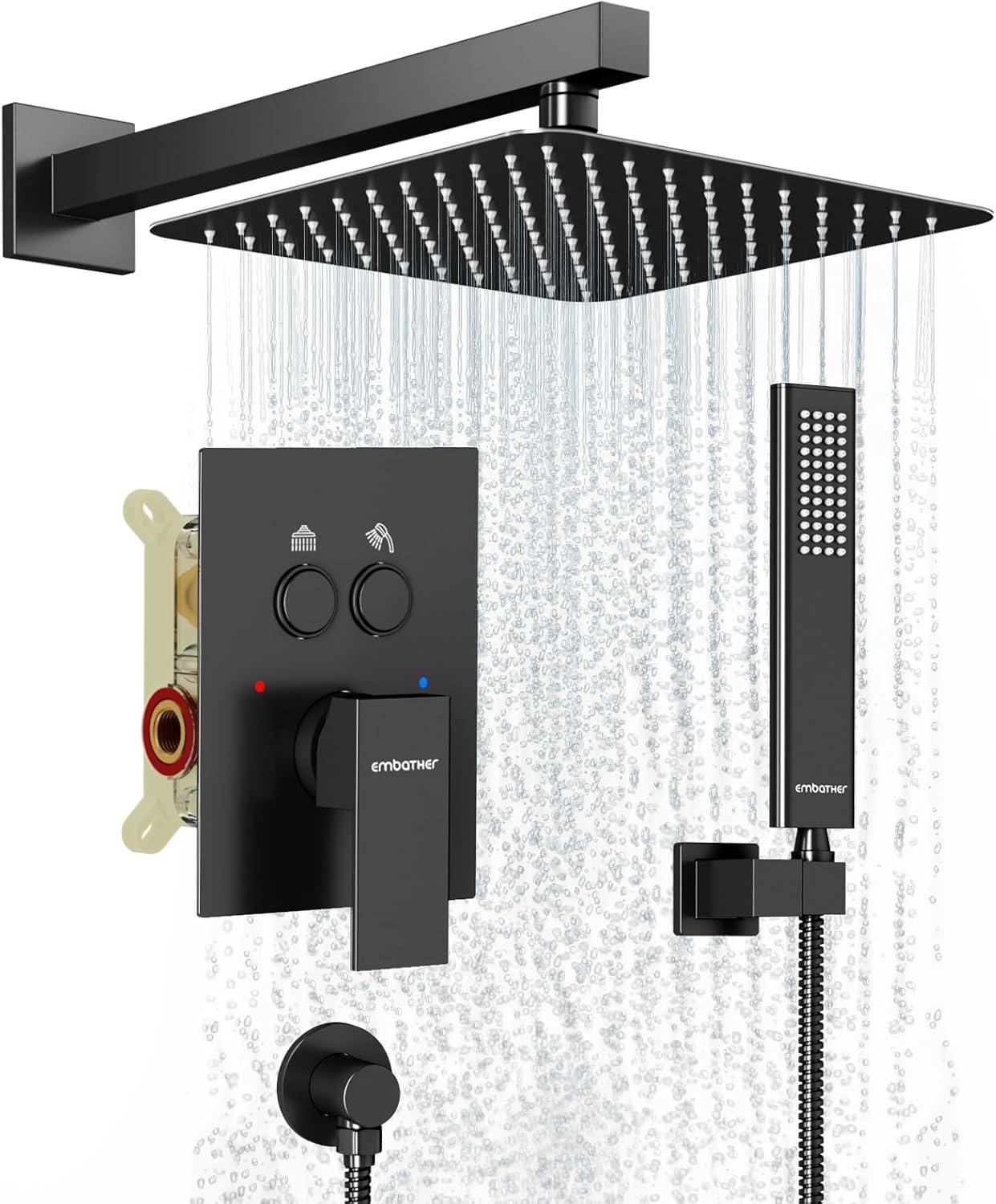 Shower System Shower Faucet Set with Push-Button Diverter and Wall Supply Elbow 10 Inch Shower Head Matte Black