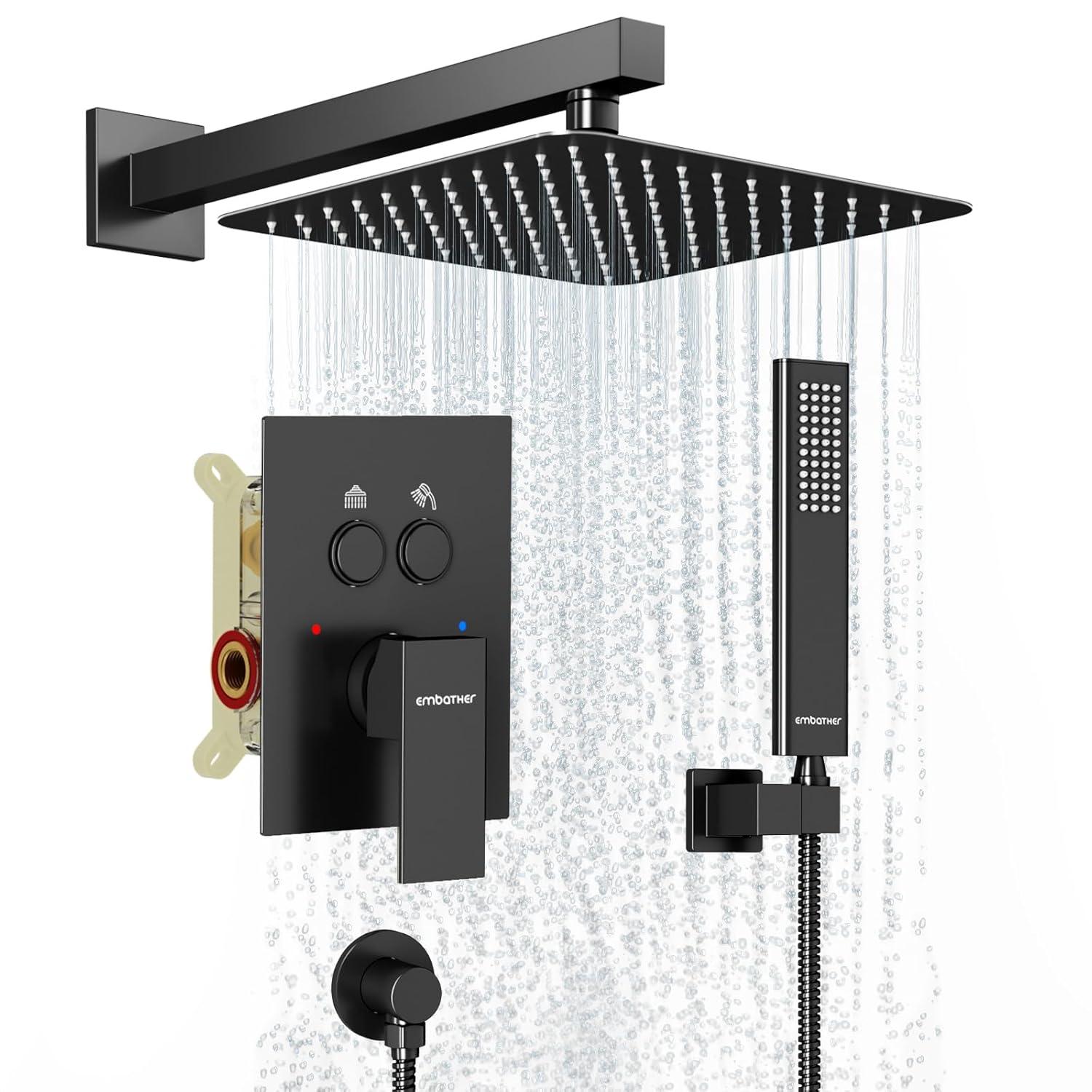 Shower System Shower Faucet Set with Push-Button Diverter and Wall Supply Elbow 10 Inch Shower Head Matte Black
